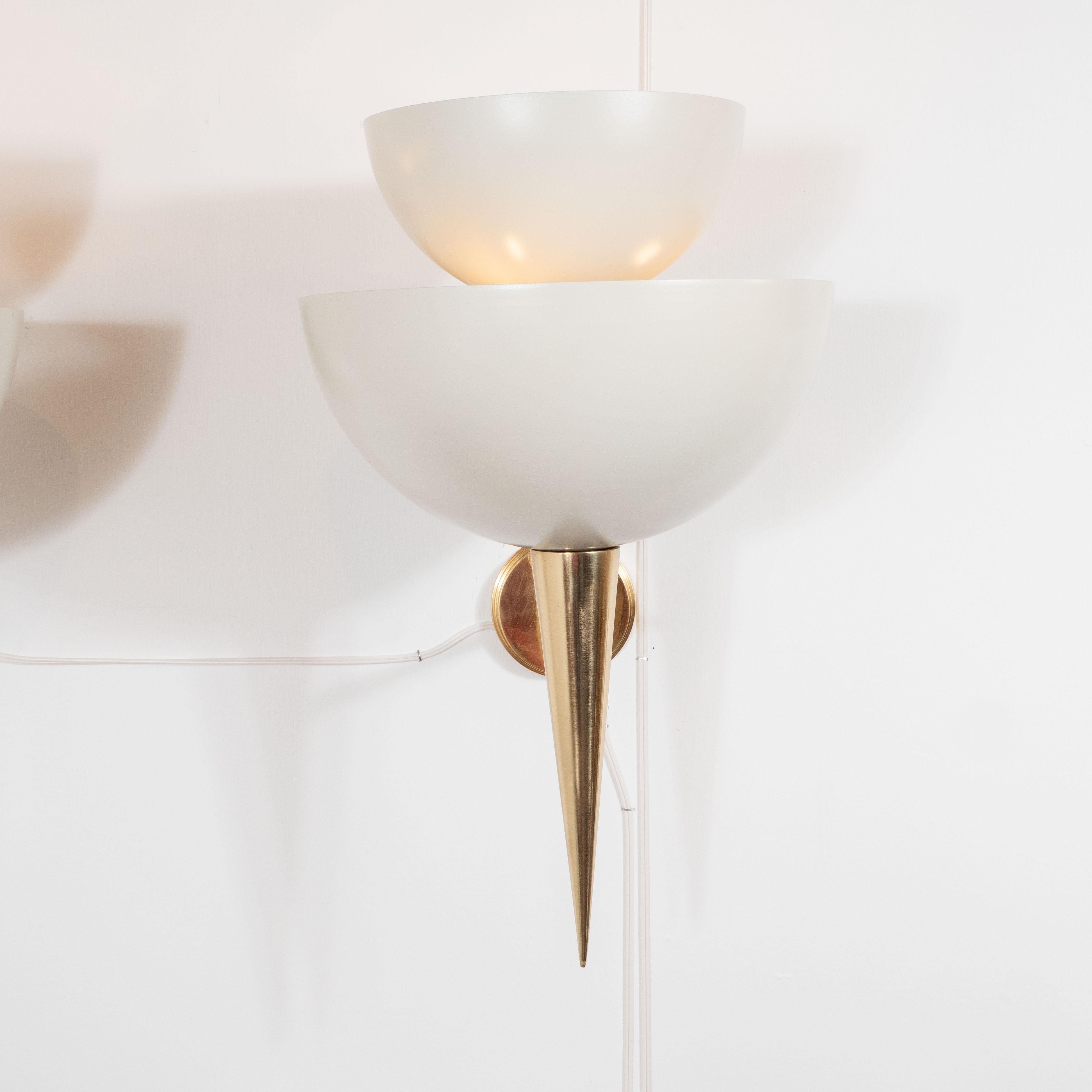 Italian Pair of Soft White Powder-Coated Metal Cup and Brass Spear Sconces, Italy