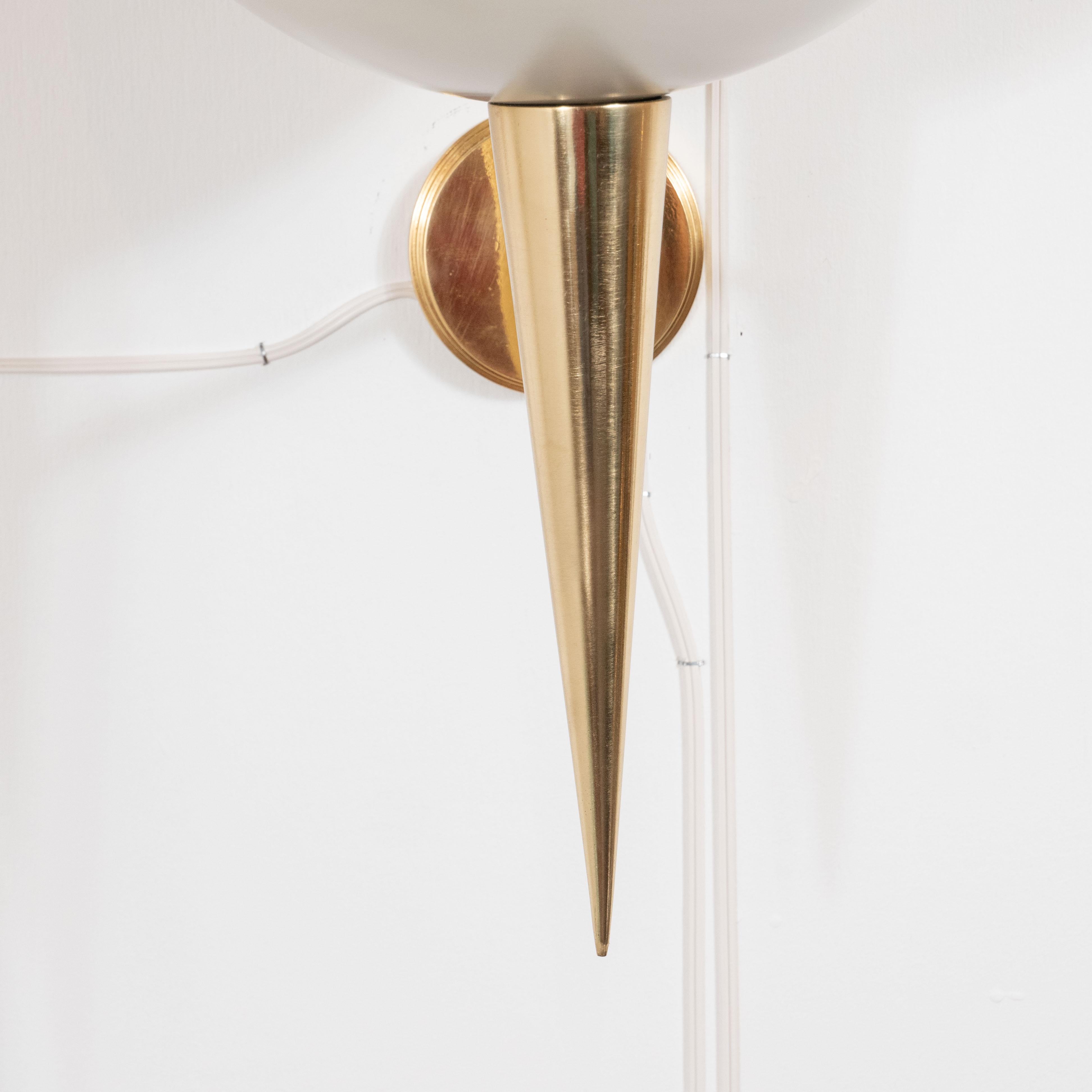 Hand-Crafted Pair of Soft White Powder-Coated Metal Cup and Brass Spear Sconces, Italy