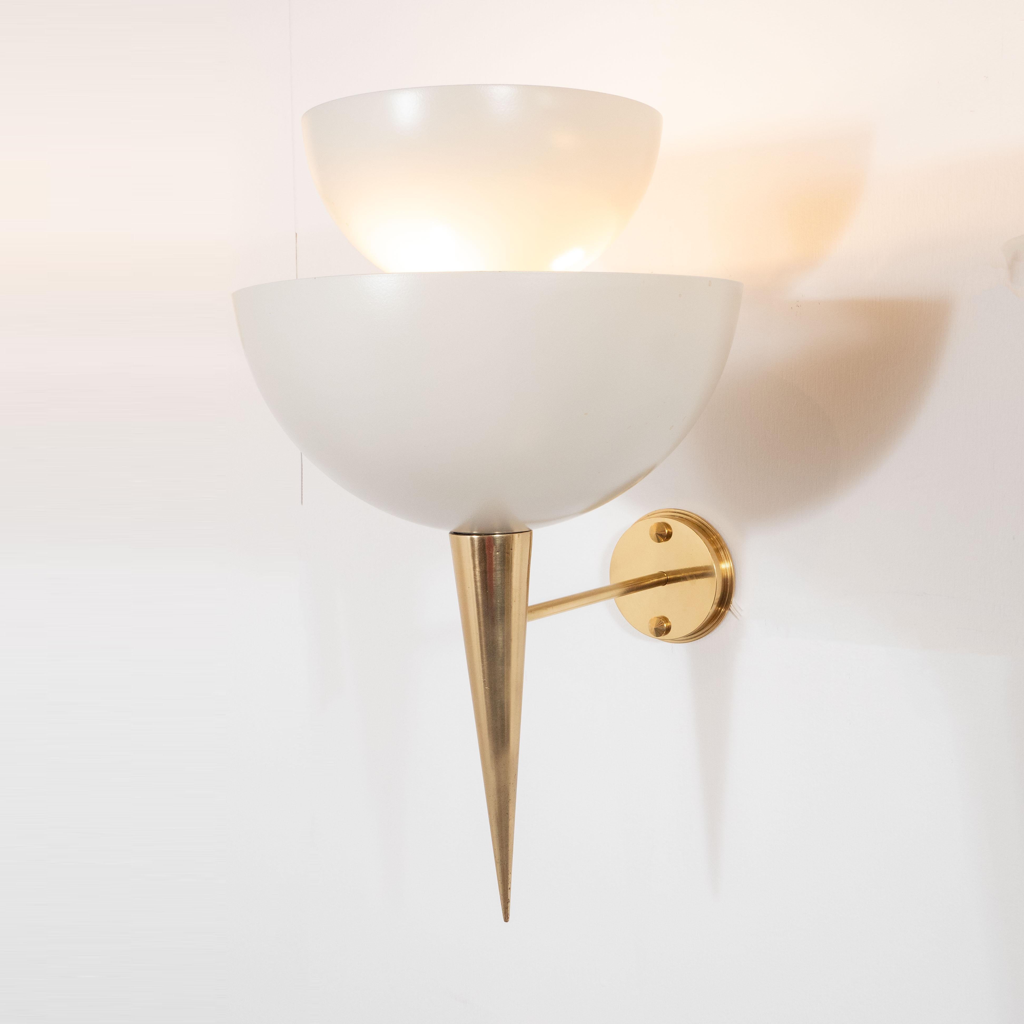 Pair of Soft White Powder-Coated Metal Cup and Brass Spear Sconces, Italy In New Condition In New York, NY