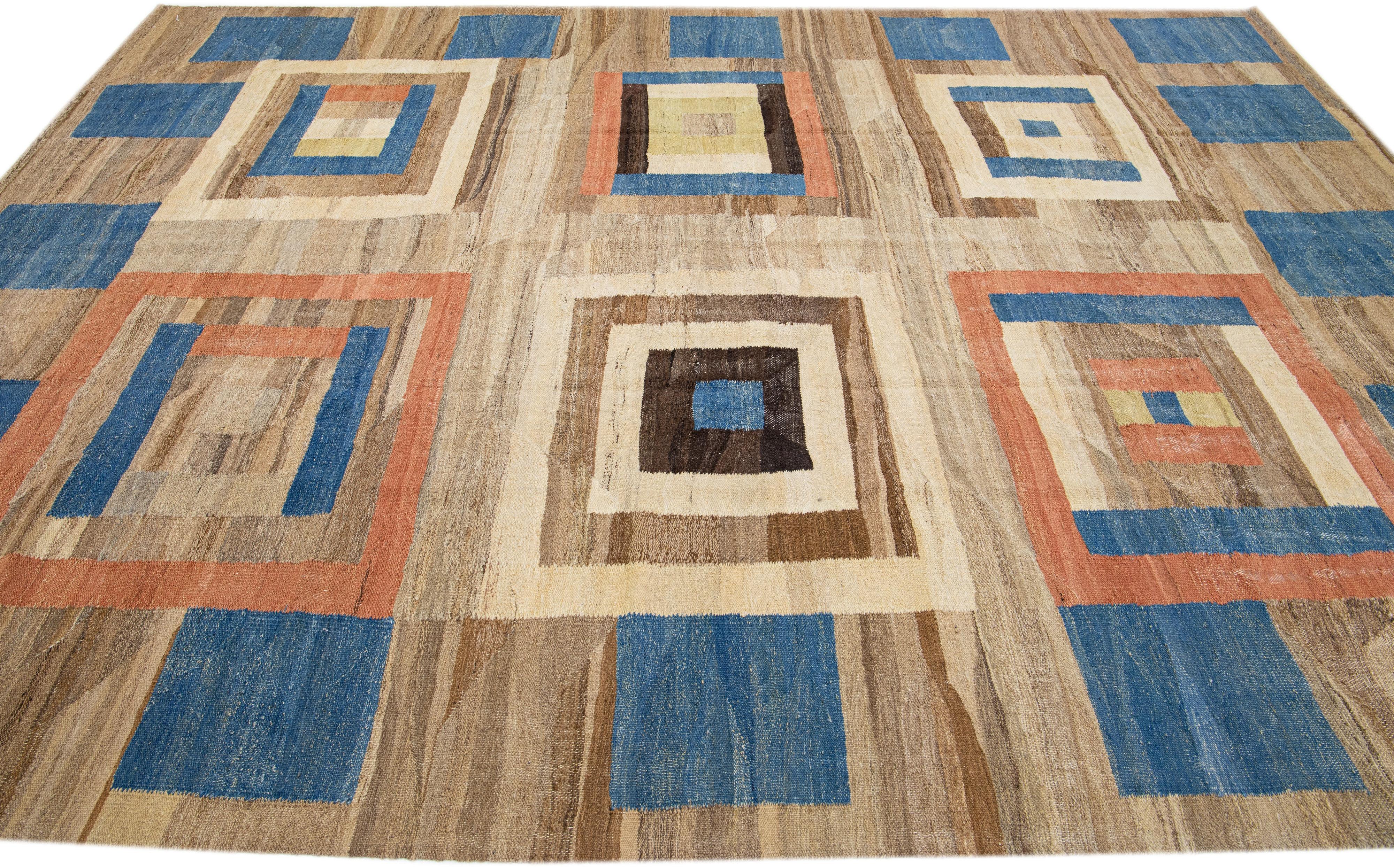 Hand-Knotted Mid-Century Modern Style Kilim Wool Rug with Brown Field For Sale