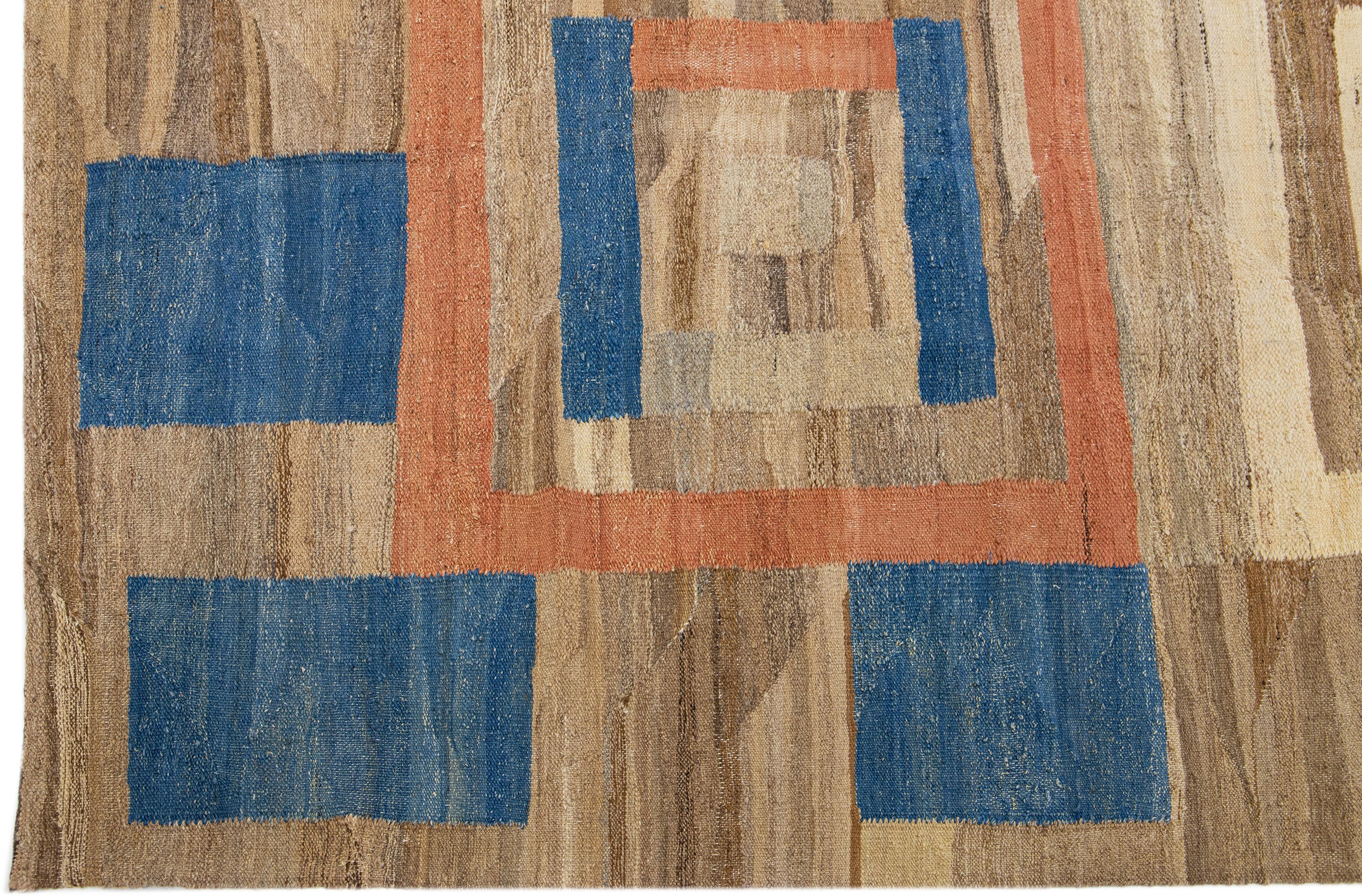 Mid-Century Modern Style Kilim Wool Rug with Brown Field In New Condition For Sale In Norwalk, CT