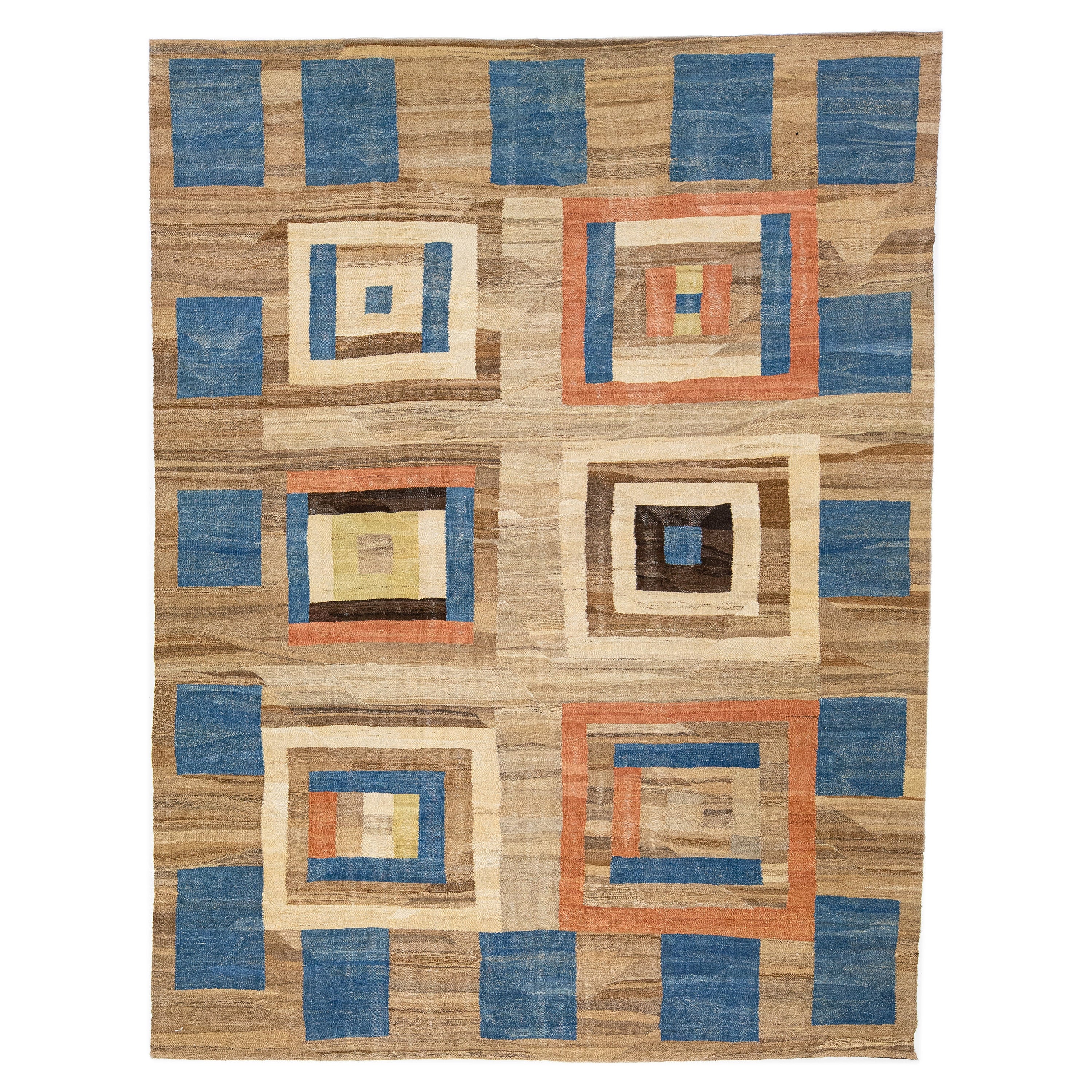 Tappeto in lana Kilim in stile metà secolo moderno con campo marrone in vendita