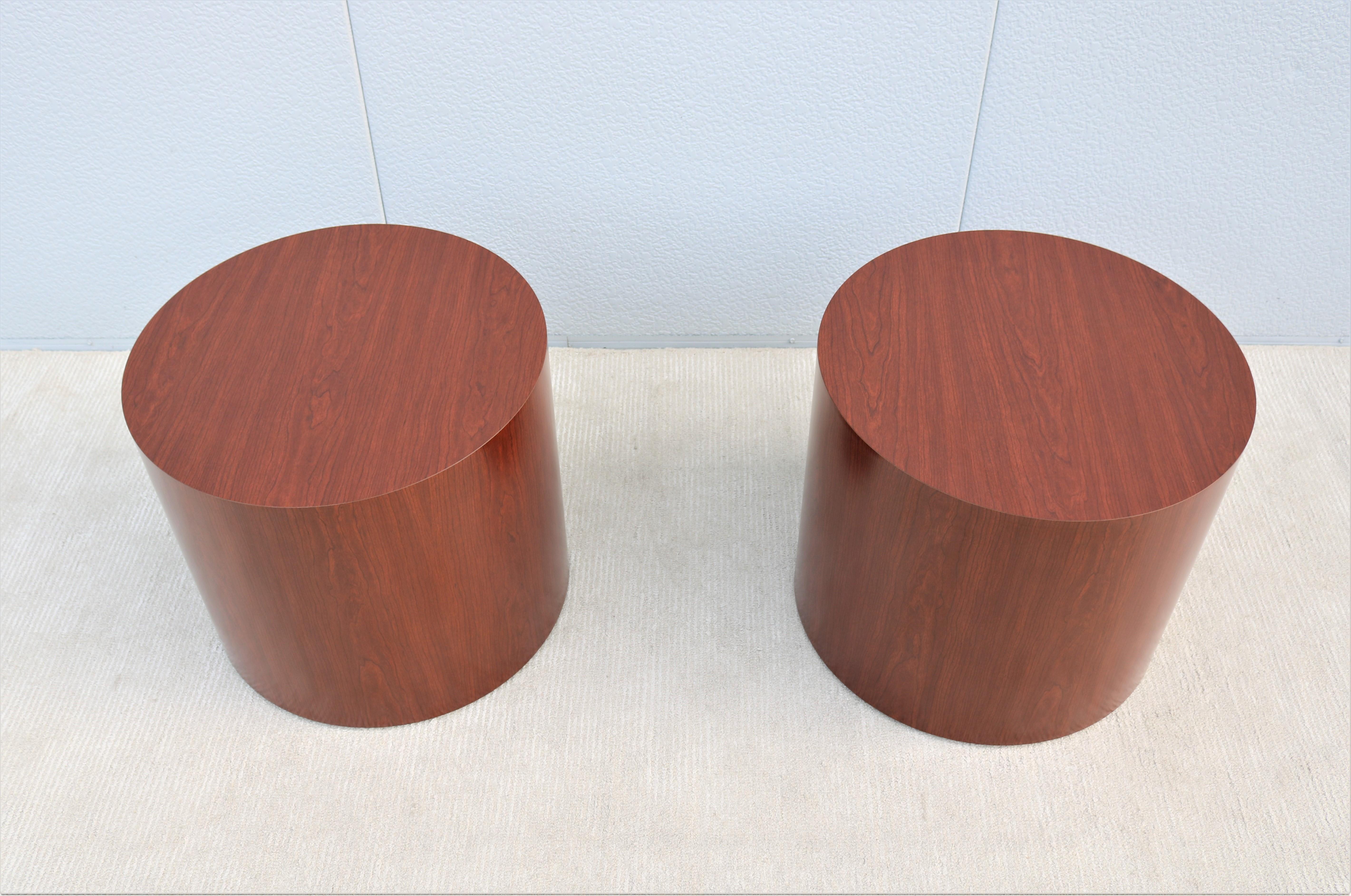 Laminated Mid-Century Modern Style Kimball National Myriad Cylinder Cherry End Tables Pair