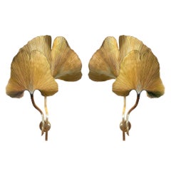 Mid-Century Modern Style Large Brass Wall Light Ginkgo Leaves Organic Shaped