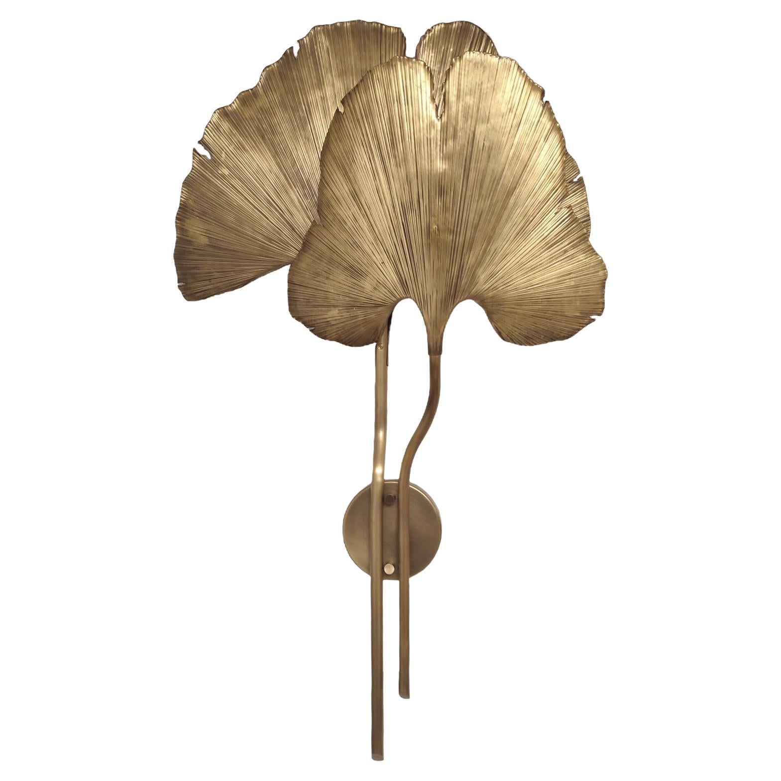 Mid-Century Modern Style Large Brass Wall Light Ginkgo Leaves Organic Shaped For Sale