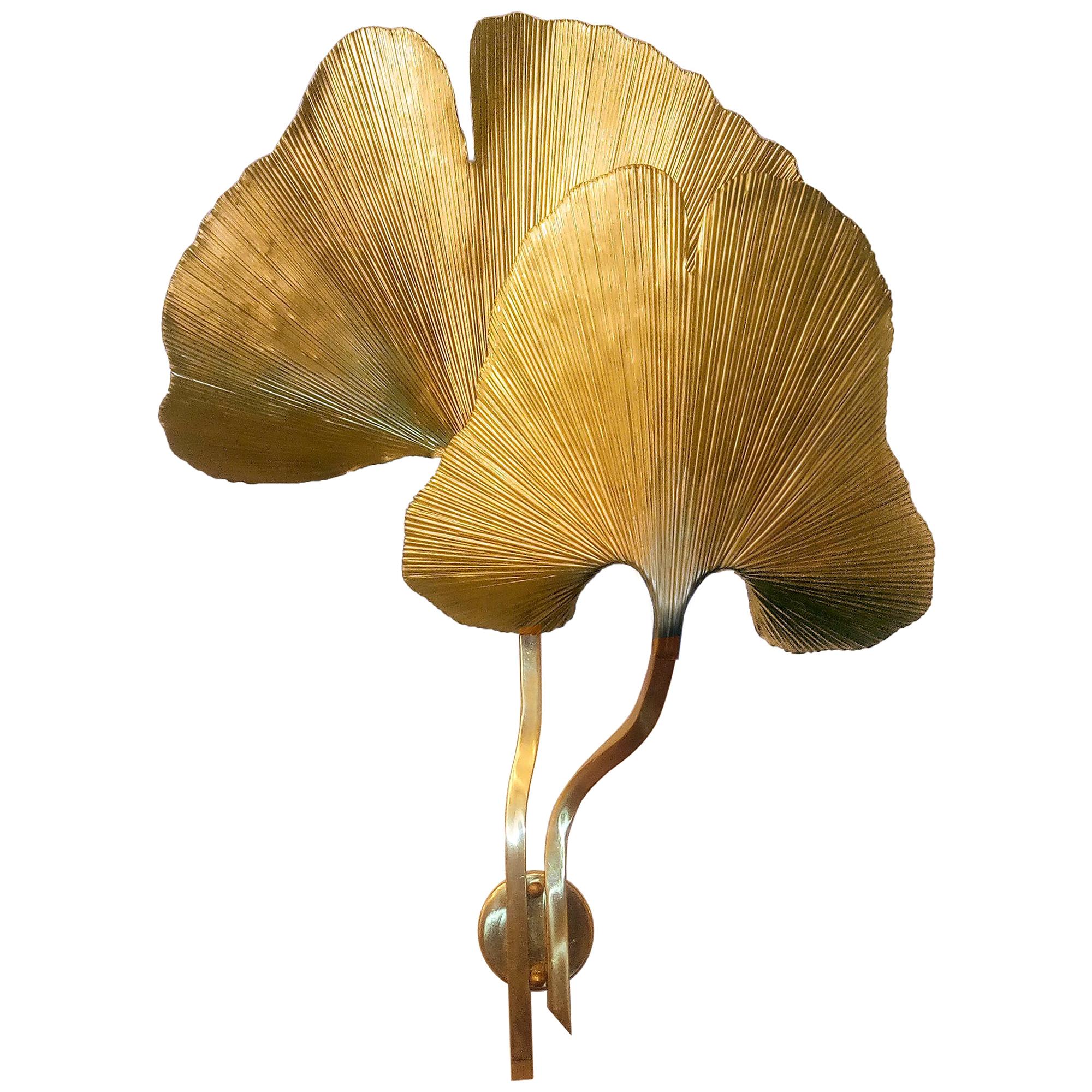 Mid-Century Modern Style Large Brass Wall Light Ginkgo Leaves Organic Shaped