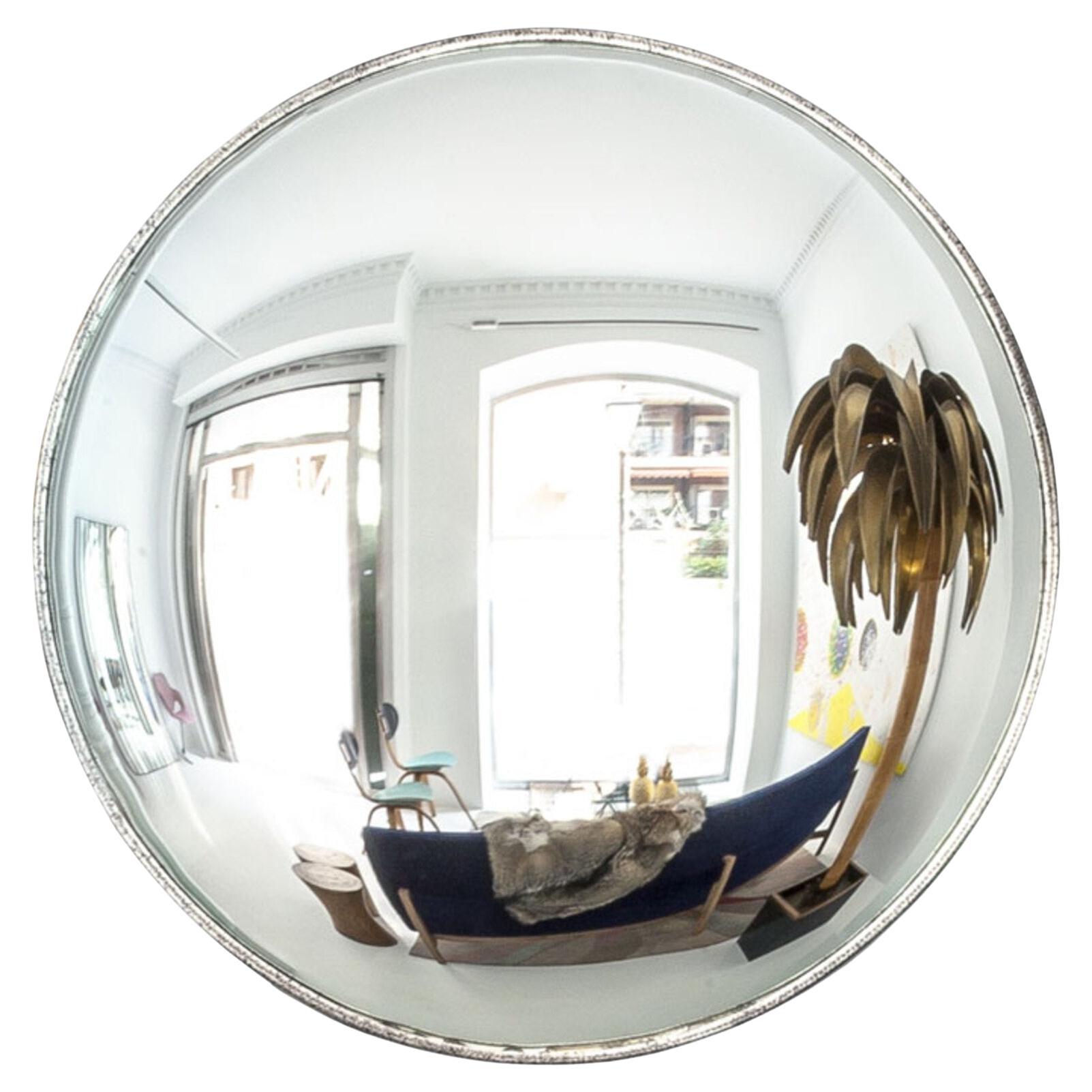 Mid Century Modern Style Large French Wall Mounted Round Convex Silver Mirror For Sale