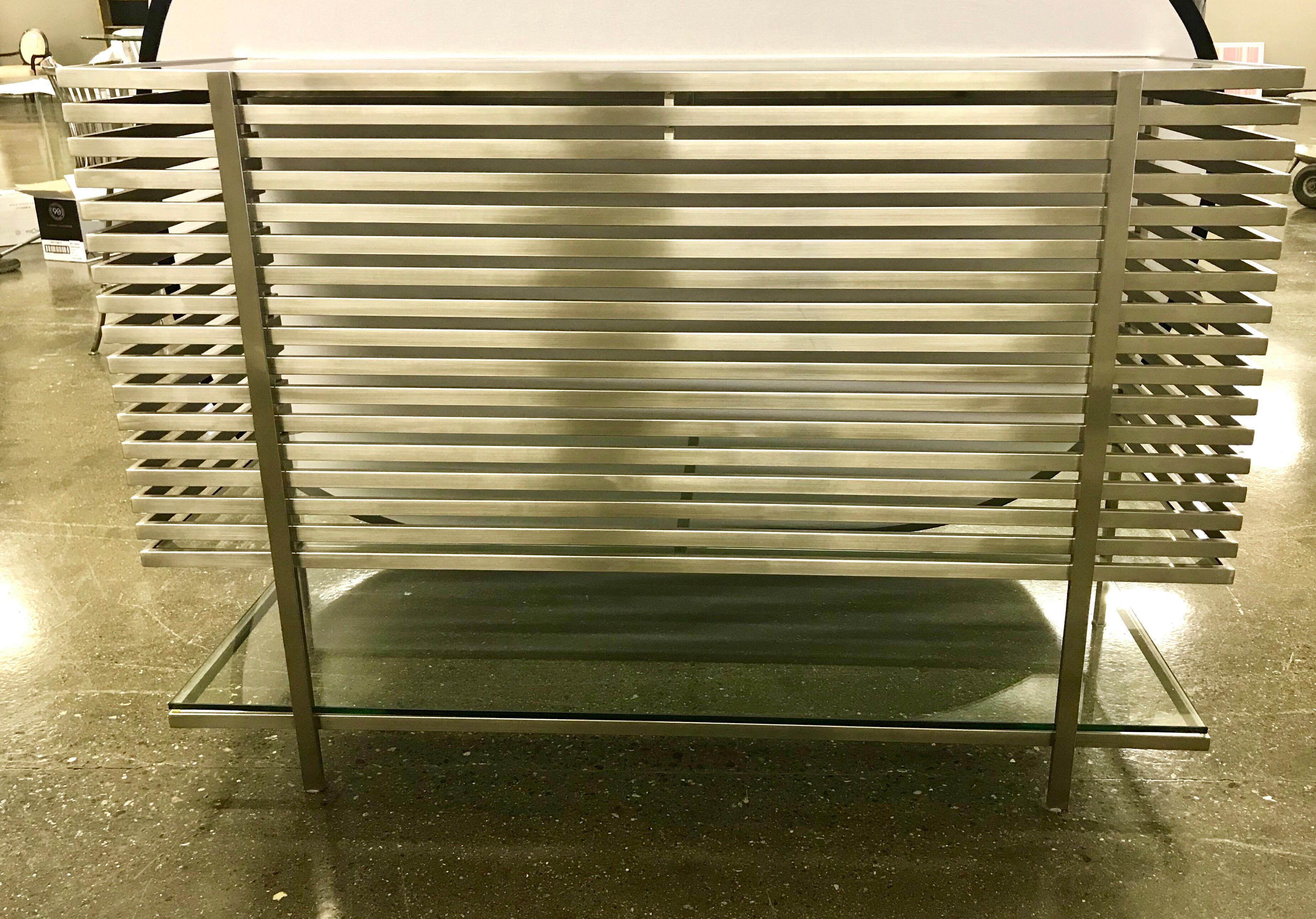 Mid-Century Modern Style Laser Cut Steel, Glass and Chrome Dry Bar In Excellent Condition In West Hartford, CT