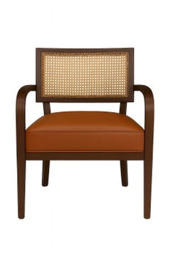 Mid Century Modern Style Leather Dining Armchair w Woven Cane Backrest