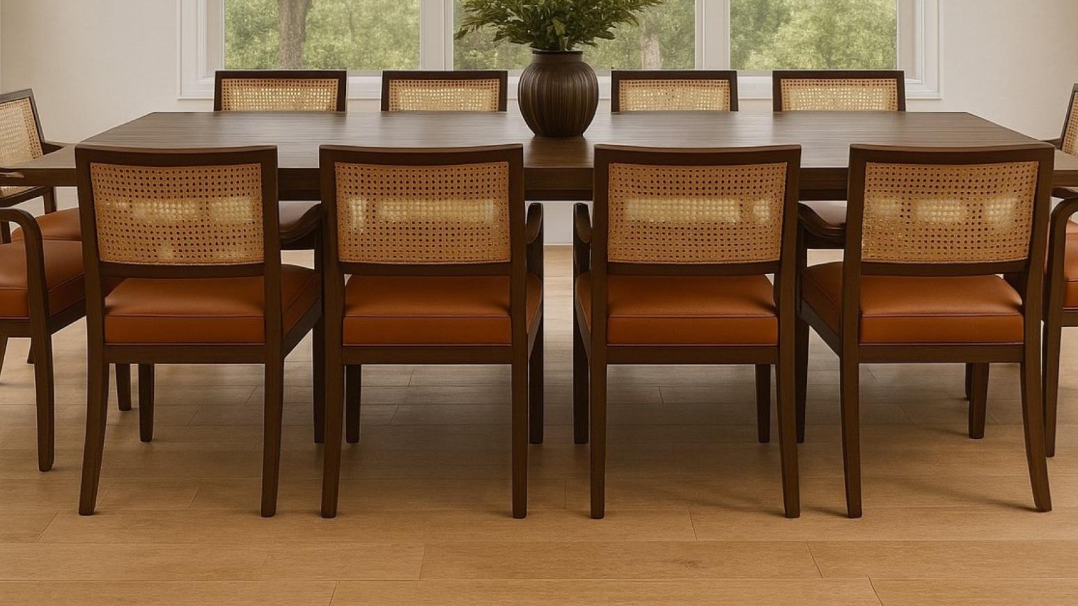 Rotin Fauteuil de salle à manger en cuir de style moderne du milieu du siècle avec dossier en rotin tressé en vente