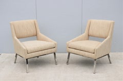 Mid-Century Modern Style Lexington Amani Beige Fabric Accent Chairs, a Pair