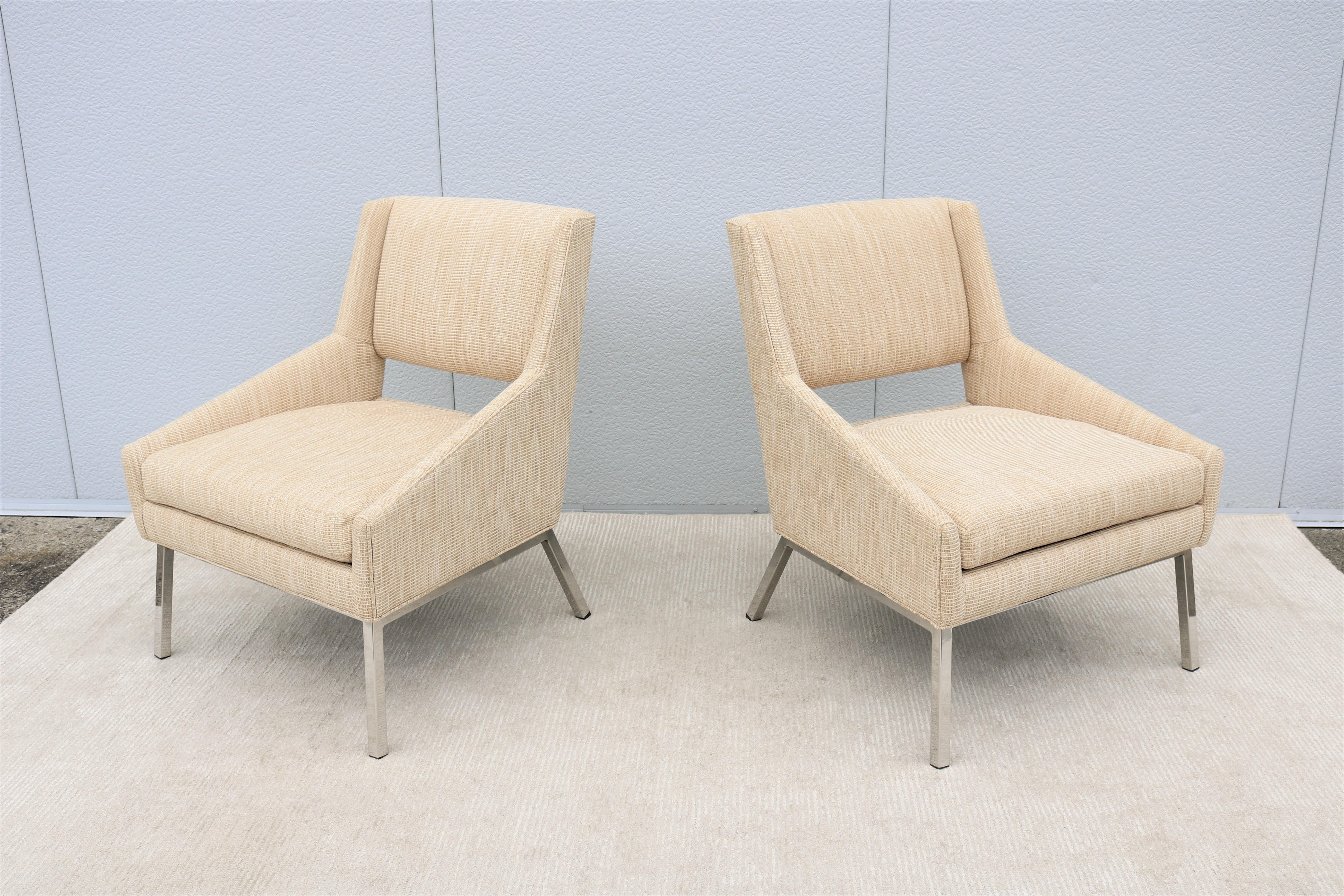 Polished Mid-Century Modern Style Lexington Amani Beige Fabric Accent Chairs, a Pair For Sale