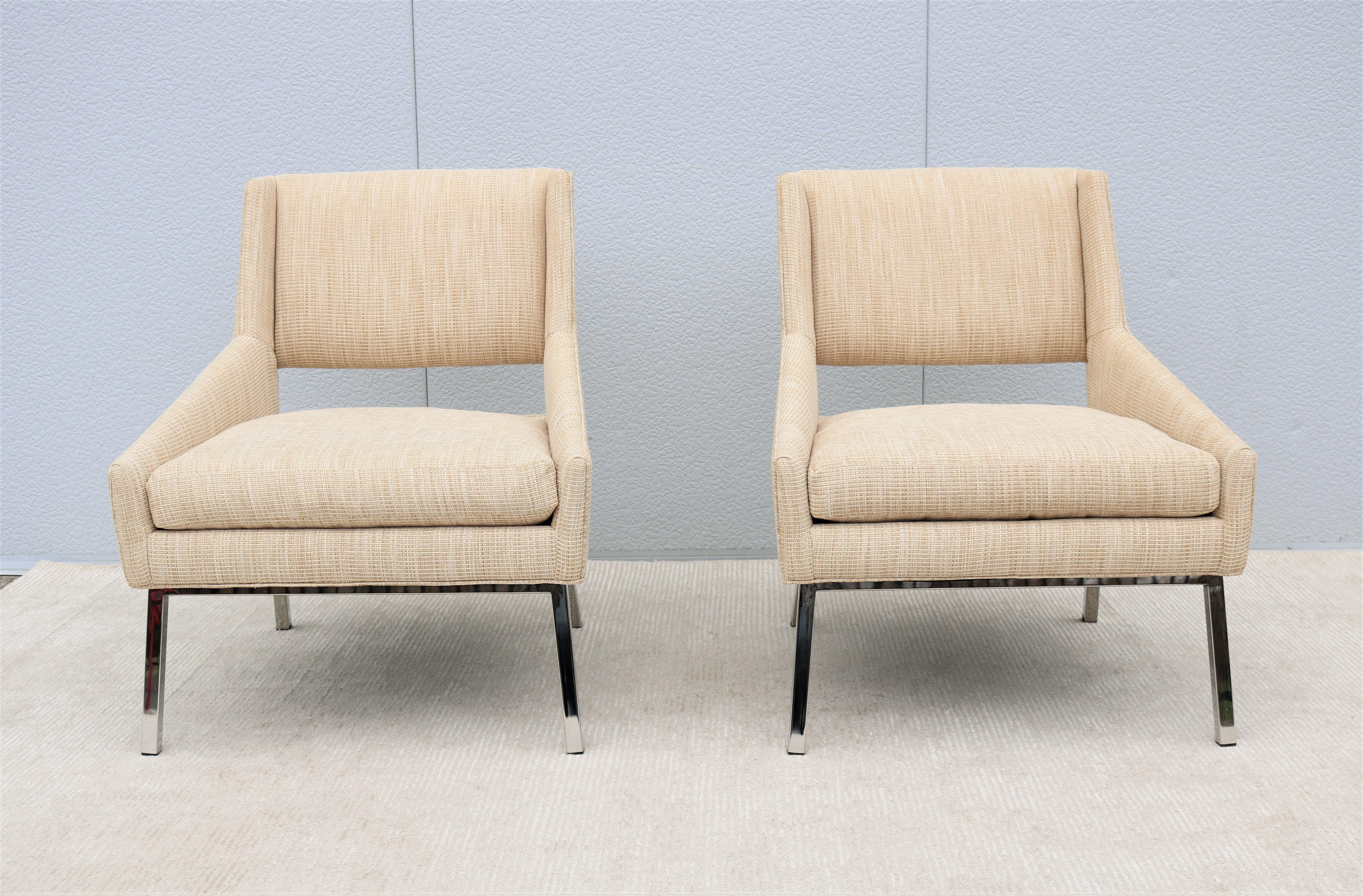 Stainless Steel Mid-Century Modern Style Lexington Amani Beige Fabric Accent Chairs, a Pair For Sale