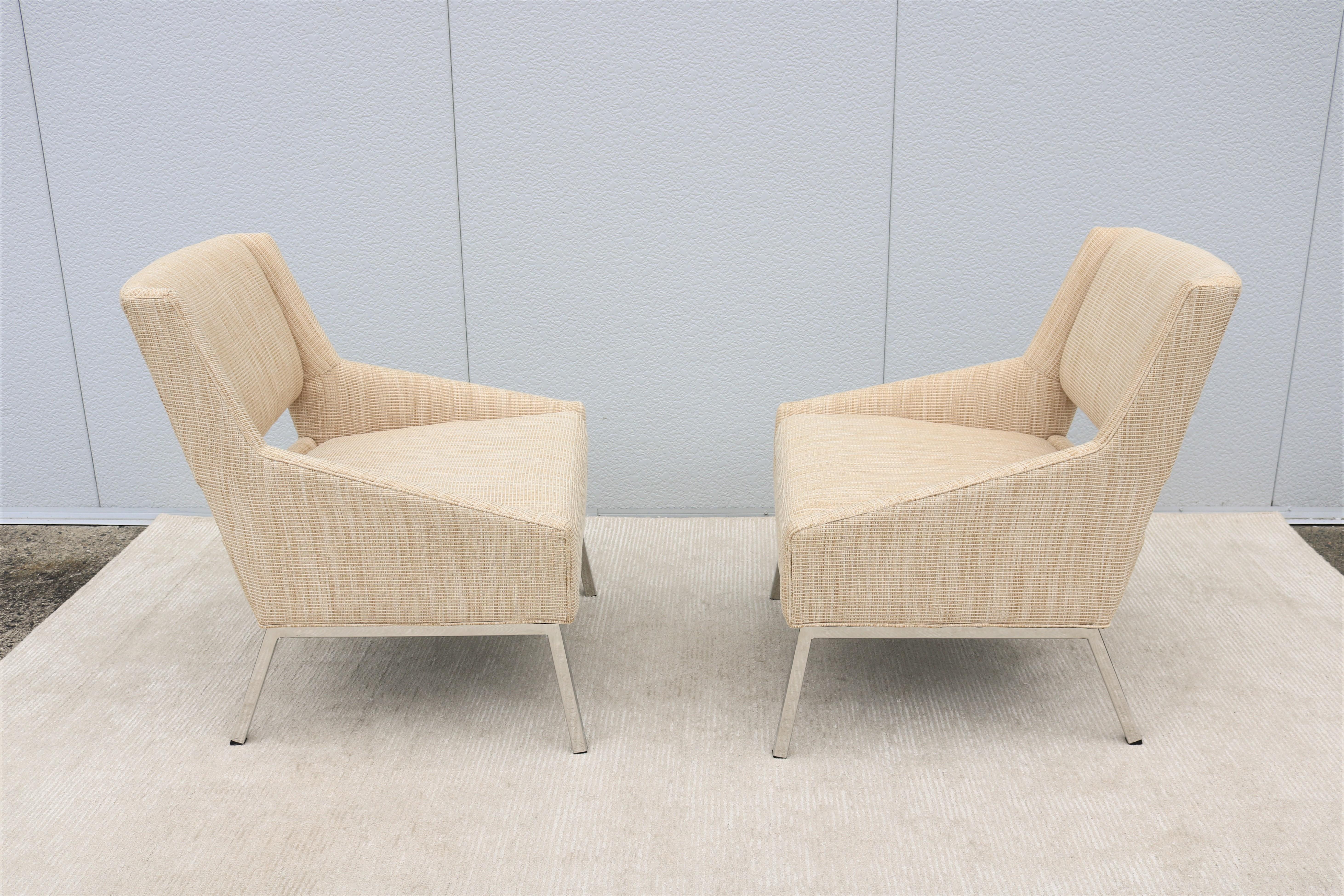 Mid-Century Modern Style Lexington Amani Beige Fabric Accent Chairs, a Pair For Sale 1