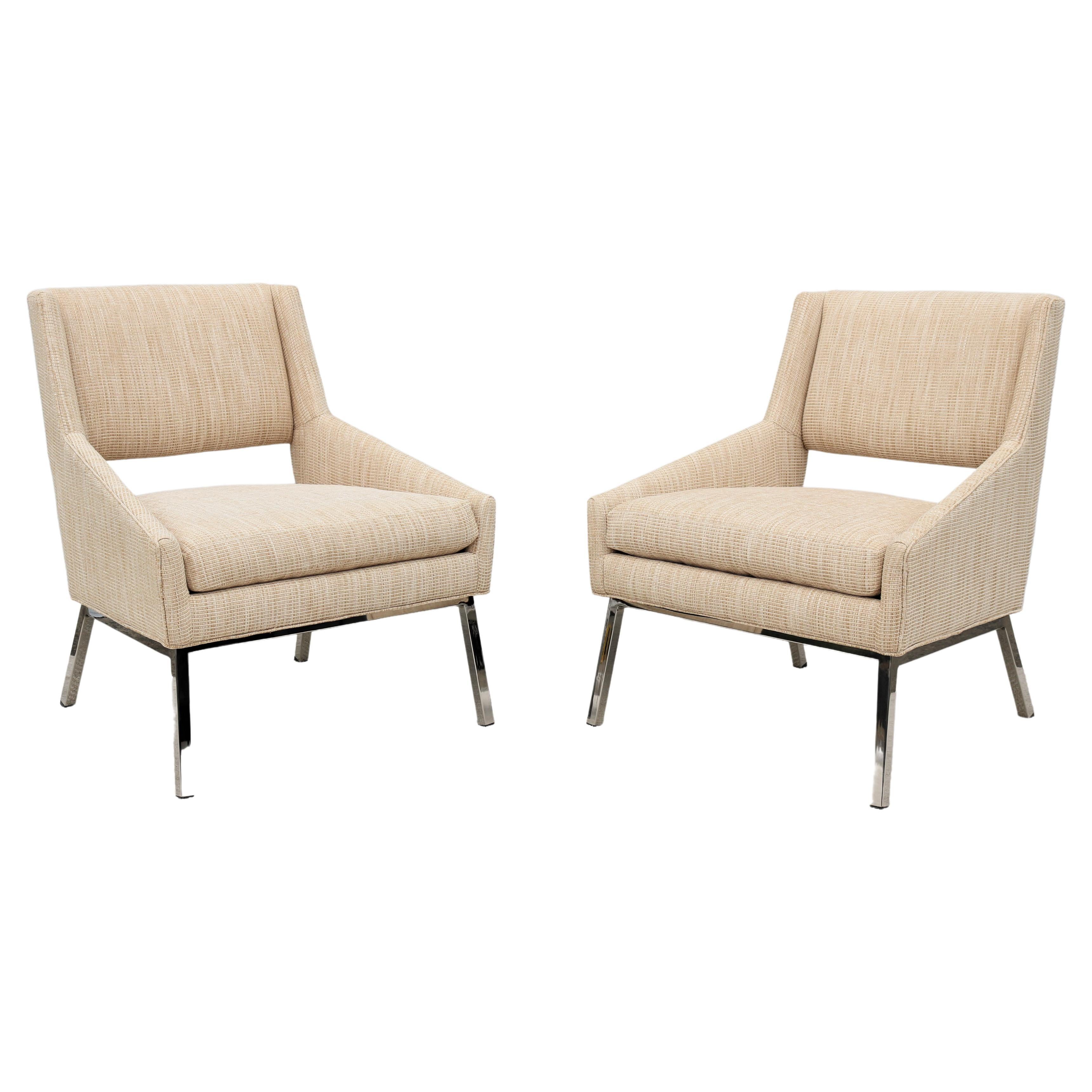 Mid-Century Modern Style Lexington Amani Beige Fabric Accent Chairs, a Pair For Sale