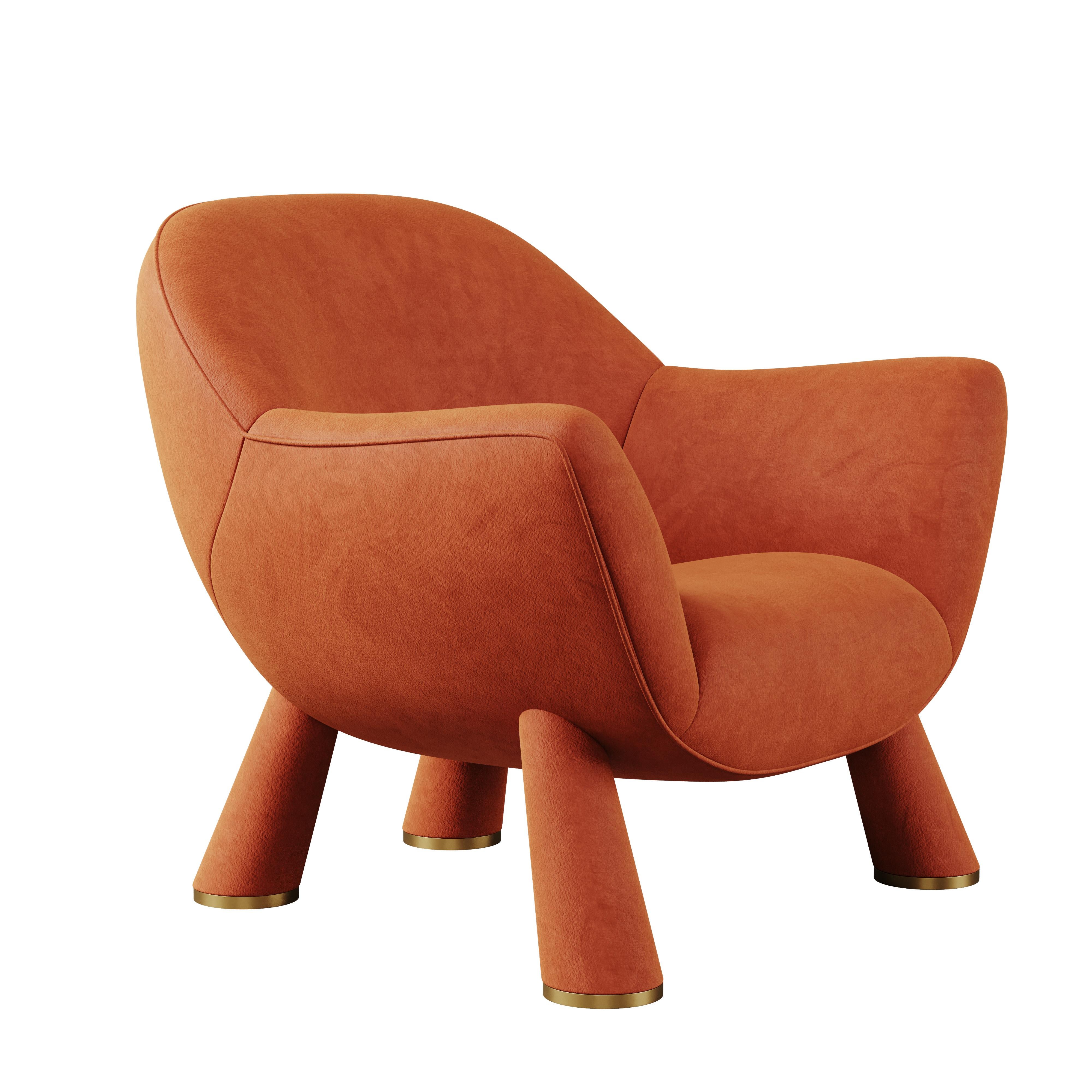 Portuguese Mid-Century Modern Style Lucy Armchair Walnut Wood Polished Brass Cotton Velvet For Sale