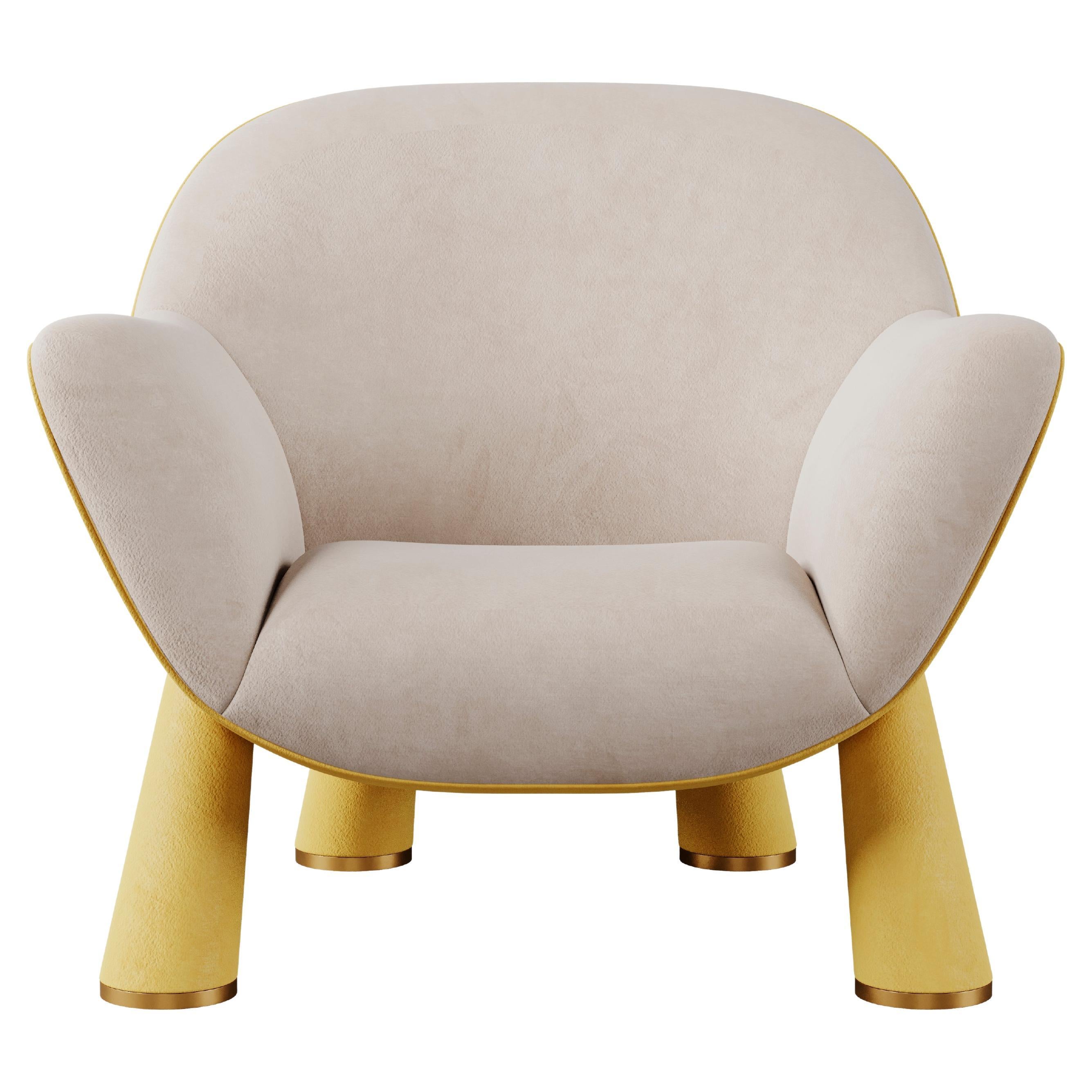 Mid-Century Modern Style Lucy Armchair Walnut Wood Polished Brass Cotton Velvet For Sale