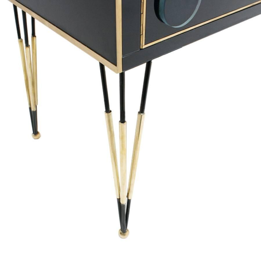 Contemporary Mid-Century Modern Style Made of Wood, Dark Glass and Brass Italian Sideboard For Sale