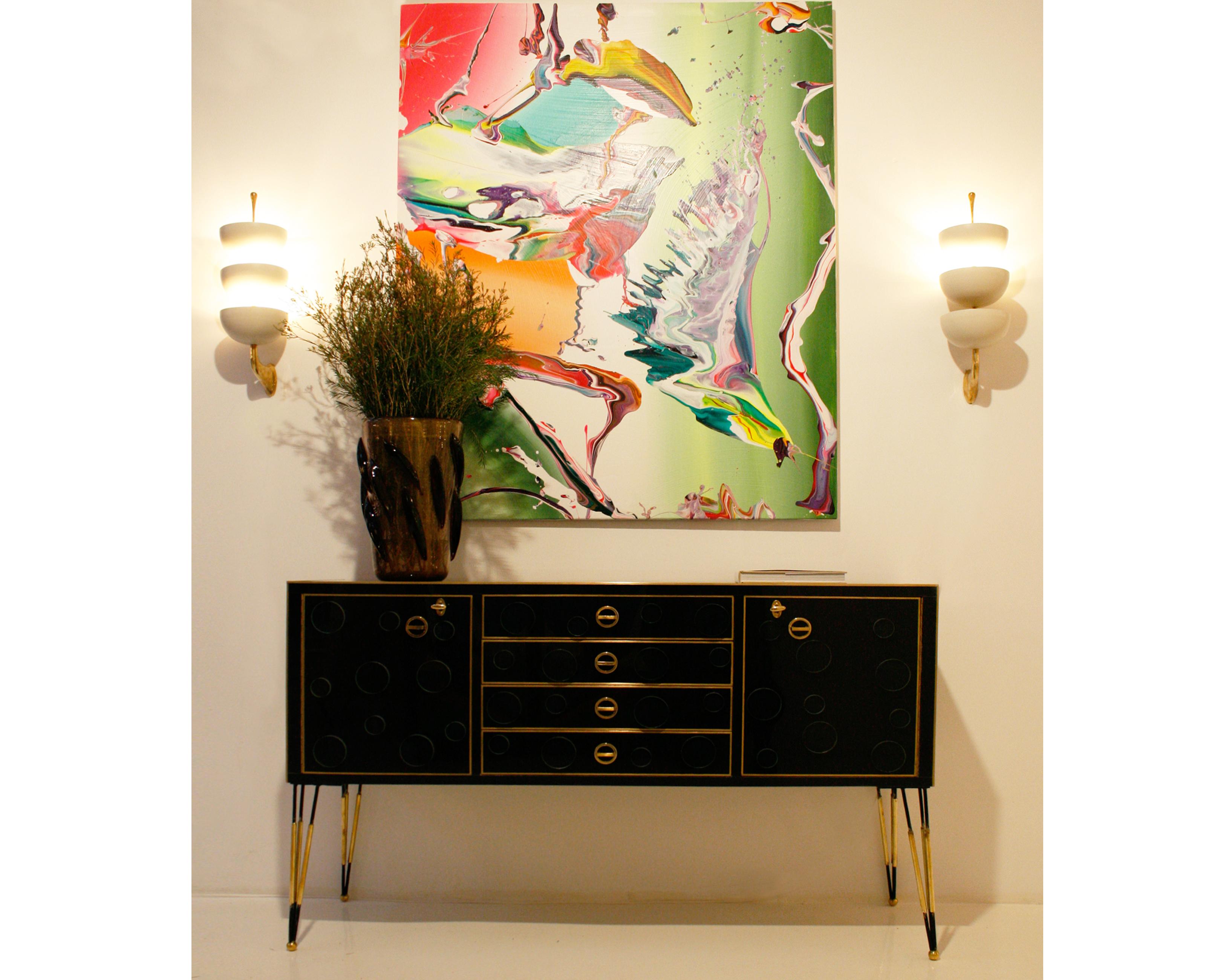 Mid-Century Modern Style Made of Wood, Dark Glass and Brass Italian Sideboard For Sale 1