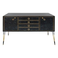 Mid-Century Modern Style Made of Wood, Dark Glass and Brass Italian Sideboard
