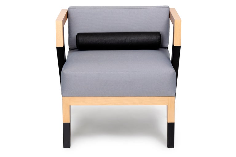 Mexican Mid-Century Modern Style Minimal Solid Wood Armchair Upholstered in Textile For Sale
