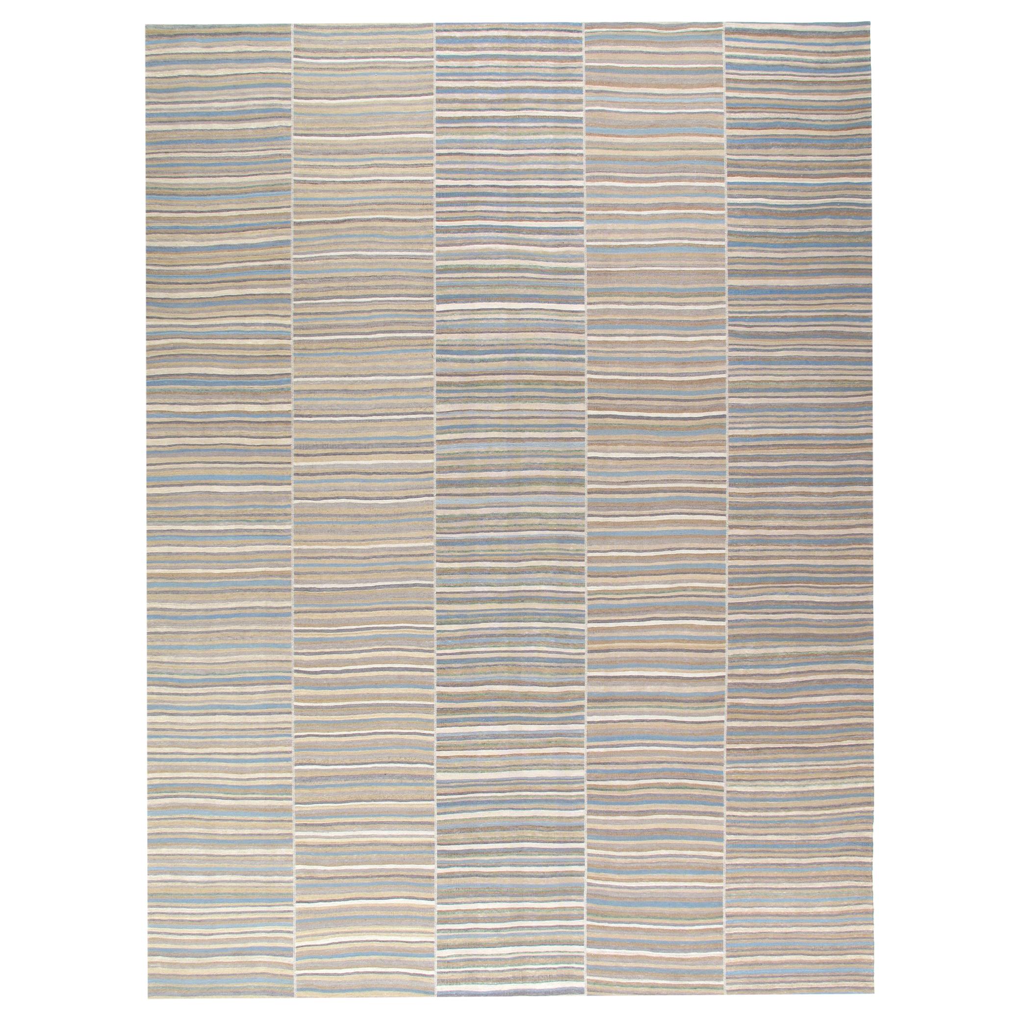 Mid-Century Modern Style Minimalist Mazandaran Flat-Weave Rug