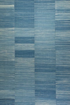 Mid-Century Modern Stil Minimalistischer Mazandaran Flachgewebter Blauer Wollteppich