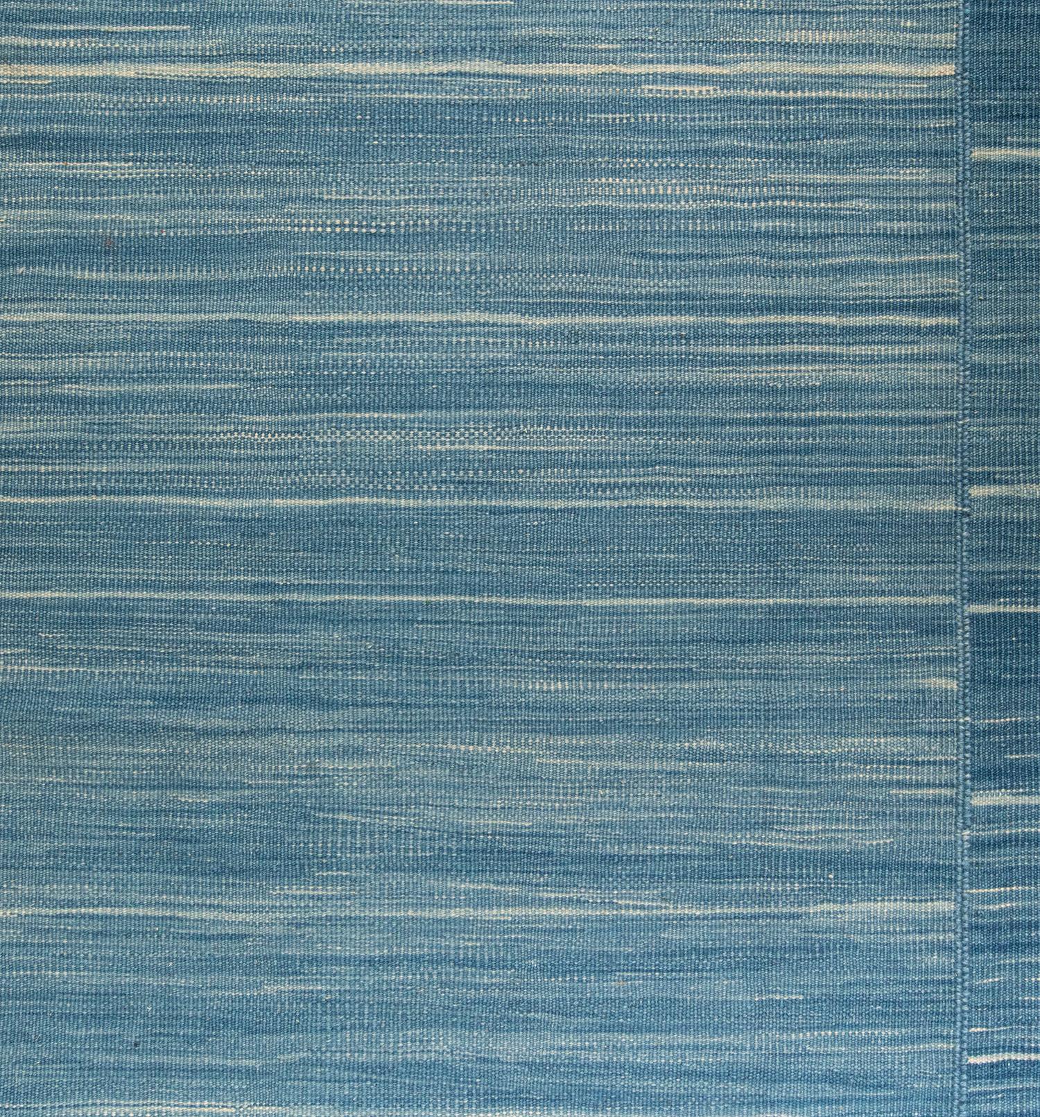 Hand-Woven Mid-Century Modern Style Minimalist Mazandaran Flatweave Blue Wool Rug For Sale
