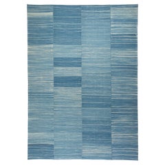 Mid-Century Modern Style Minimalist Mazandaran Flatweave Blue Wool Rug