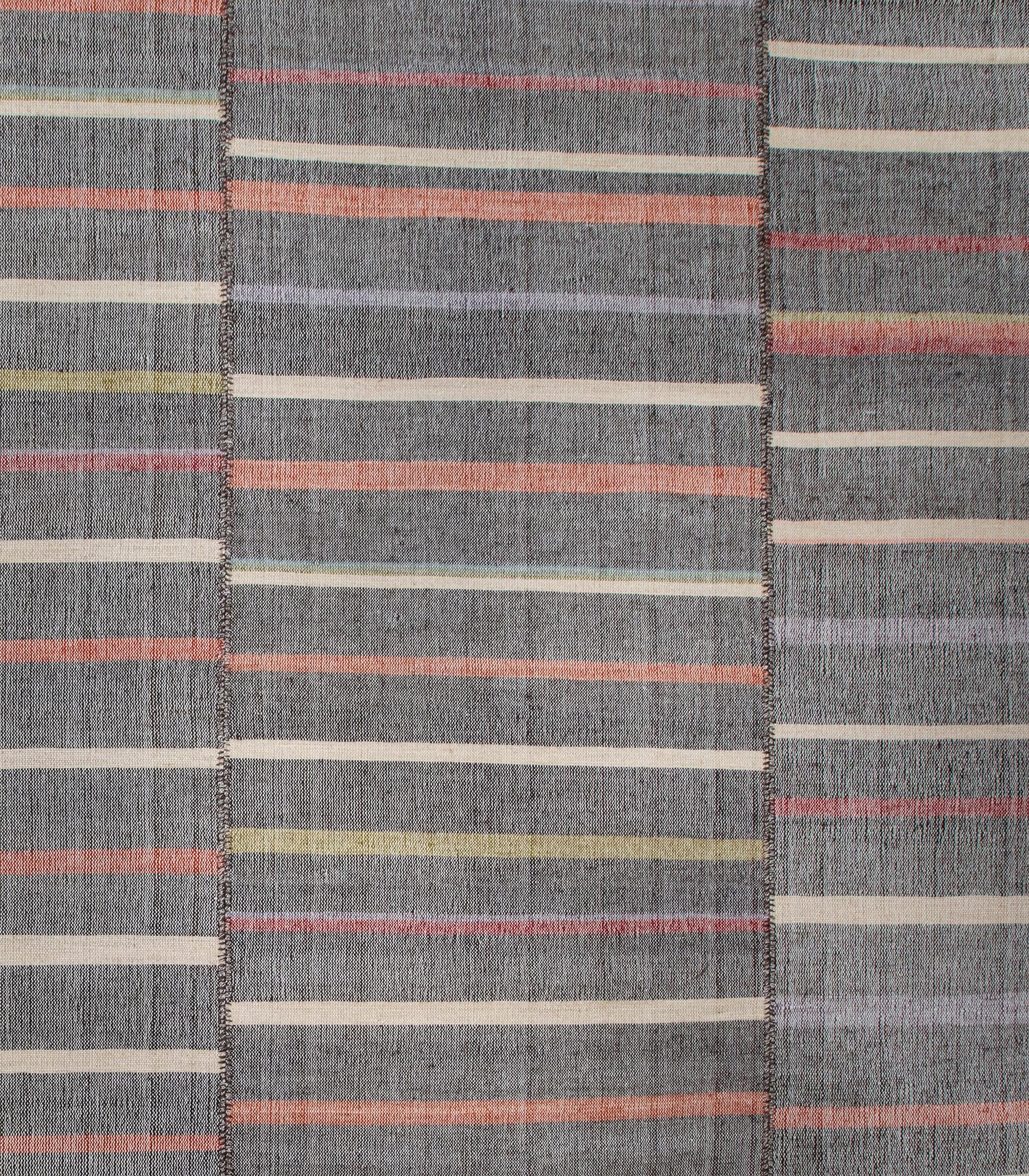 Afghan Mid-Century Modern Style Minimalist Stripe Wool Rug in Grey with Color Stripes For Sale