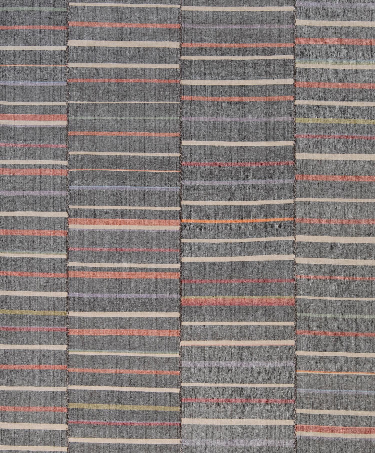 Hand-Woven Mid-Century Modern Style Minimalist Stripe Wool Rug in Grey with Color Stripes For Sale
