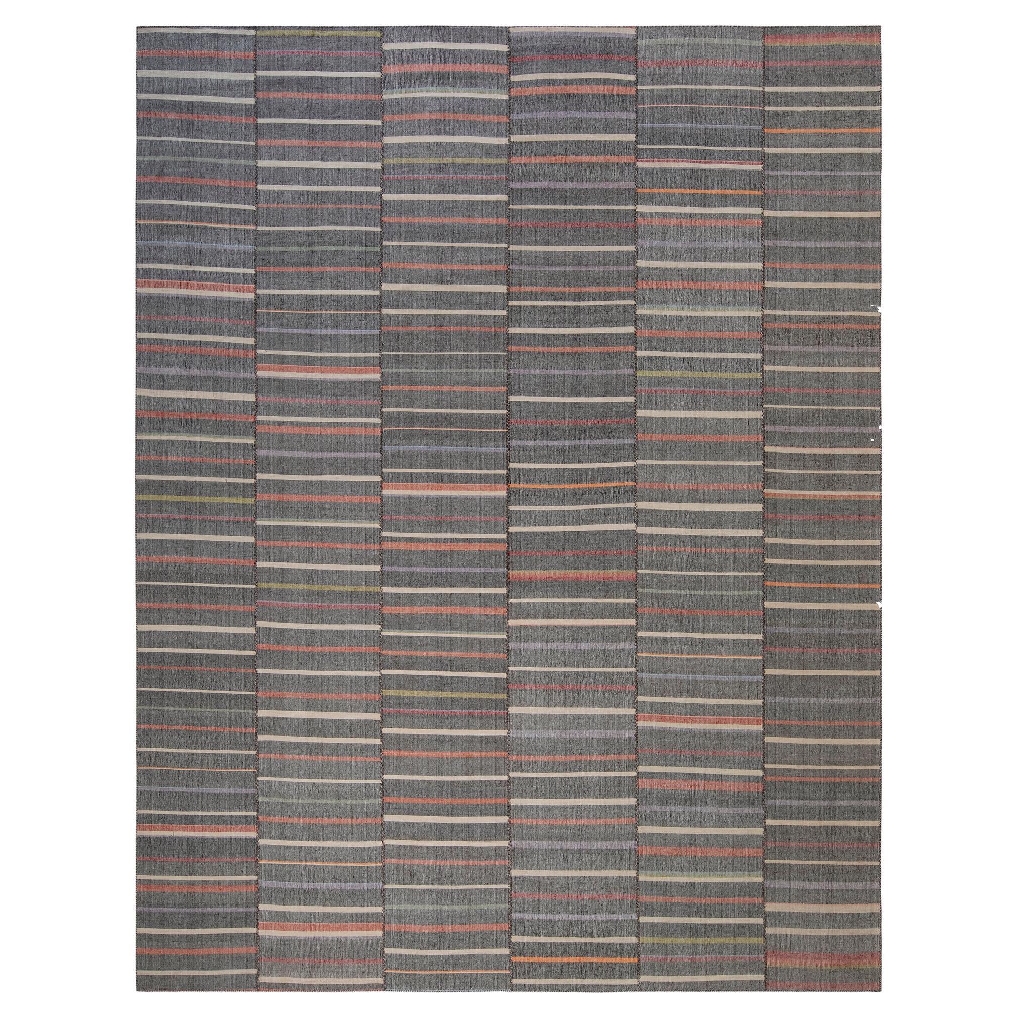 Mid-Century Modern Style Minimalist Stripe Wool Rug in Grey with Color Stripes