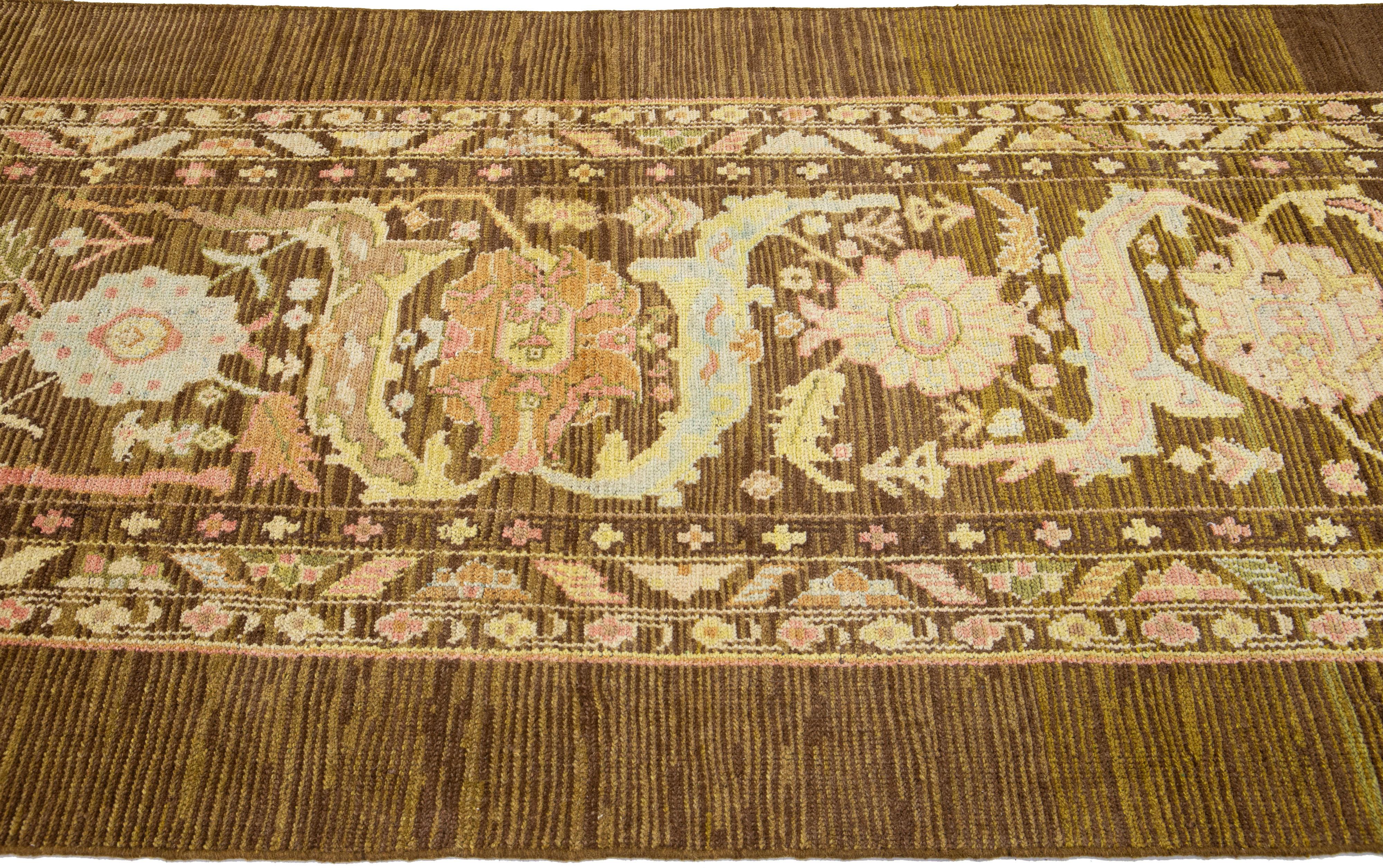 Mid-Century Modern Style Multicolor Handmade Floral Motif Wool Runner by Apadana In New Condition For Sale In Norwalk, CT