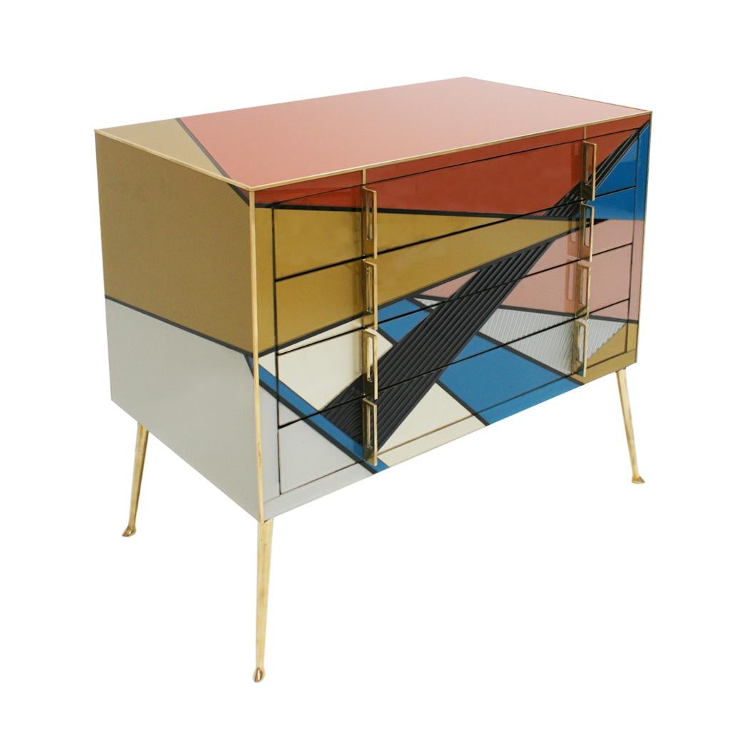 Mid-Century Modern Style Murano Colored Glass and Brass Italian Commode In Good Condition For Sale In Madrid, ES