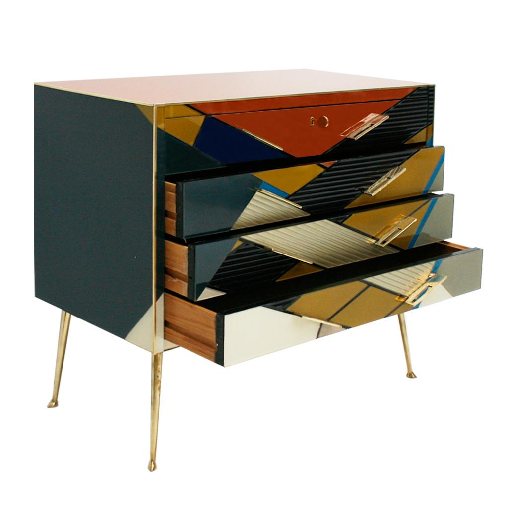 Contemporary Mid-Century Modern Style Murano Colored Glass and Brass Italian Commode For Sale