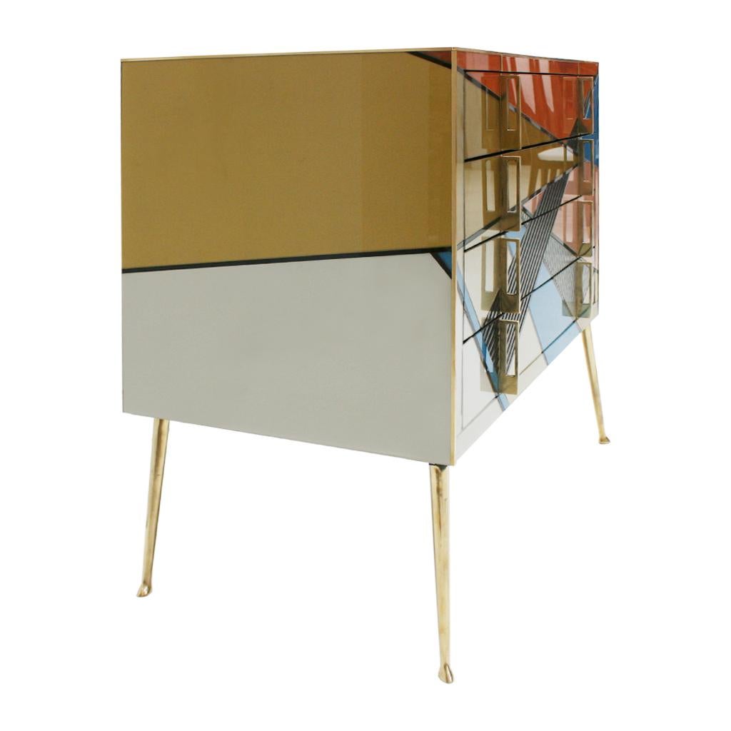 Contemporary Mid-Century Modern Style Murano Colored Glass and Brass Italian Commode For Sale