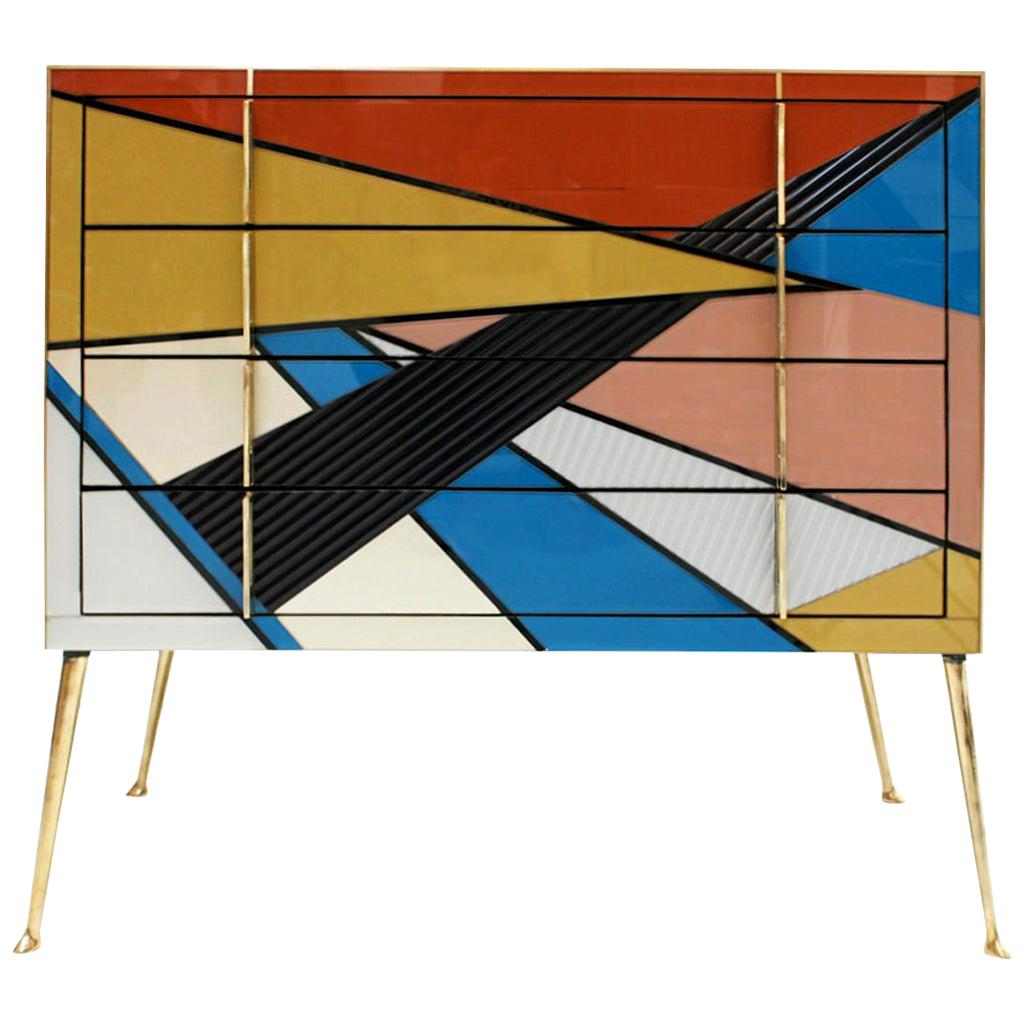 Mid-Century Modern Style Murano Colored Glass and Brass Italian Commode For Sale
