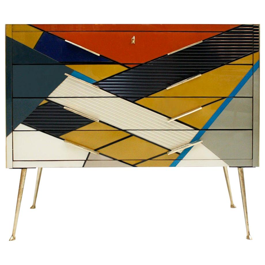 Mid-Century Modern Style Murano Colored Glass and Brass Italian Commode For Sale