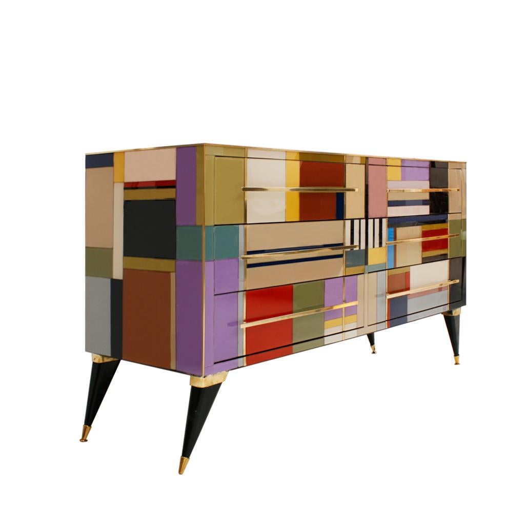 Mid-Century Modern Style Murano Glass and Brass Italian Sideboard by L.A. Studio In Good Condition For Sale In Ibiza, Spain