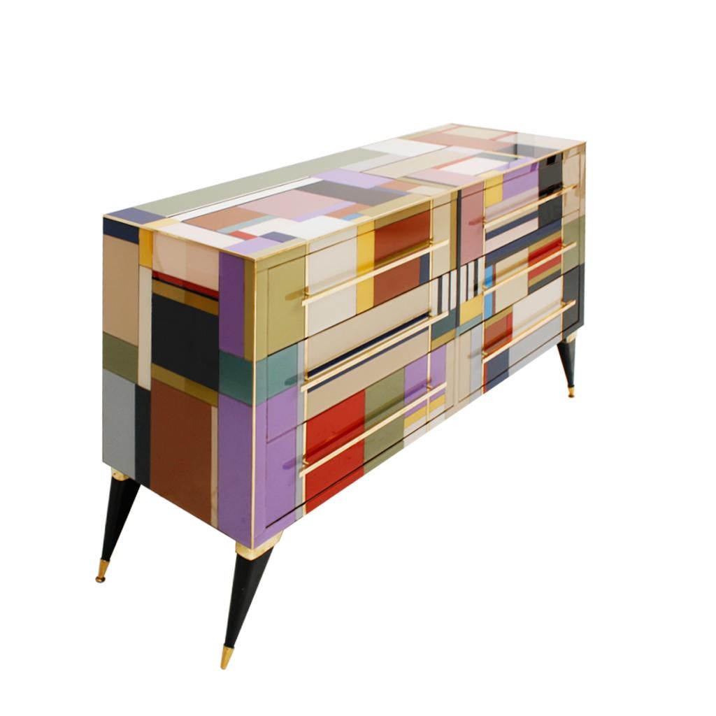 Contemporary Mid-Century Modern Style Murano Glass and Brass Italian Sideboard by L.A. Studio For Sale