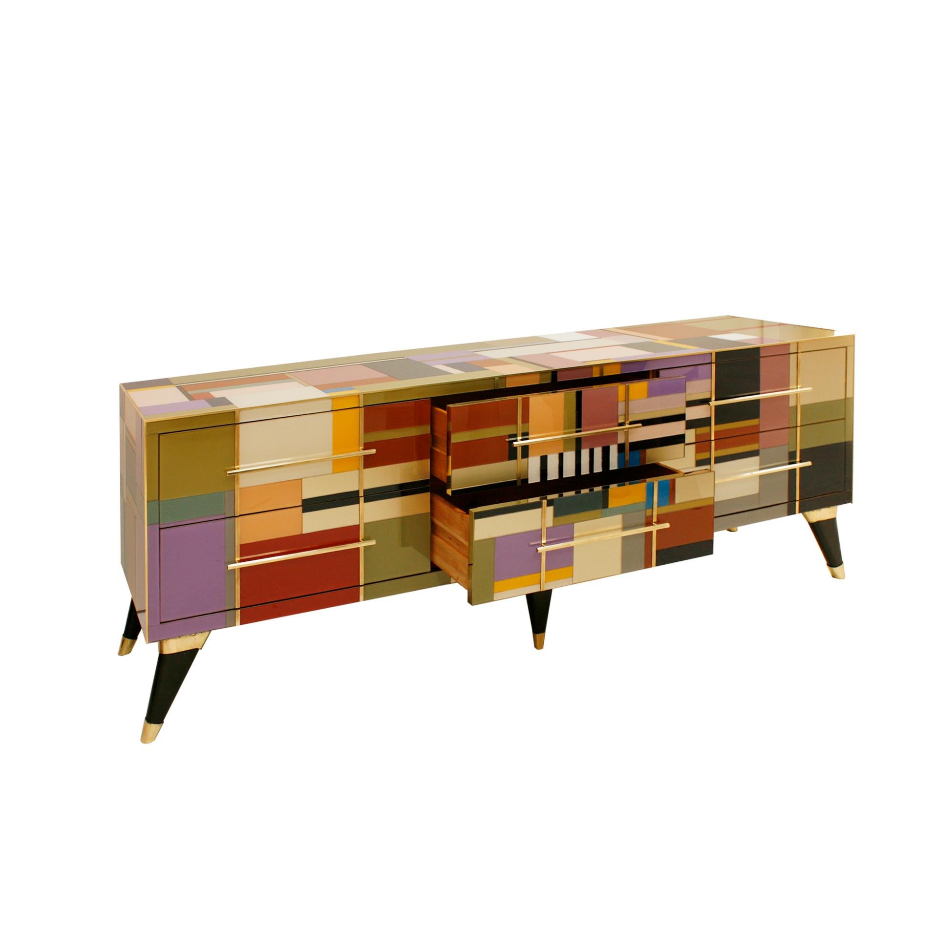 Mid-Century Modern Style Murano Glass and Brass Italian Sideboard by L.A. Studio In Good Condition In Madrid, ES