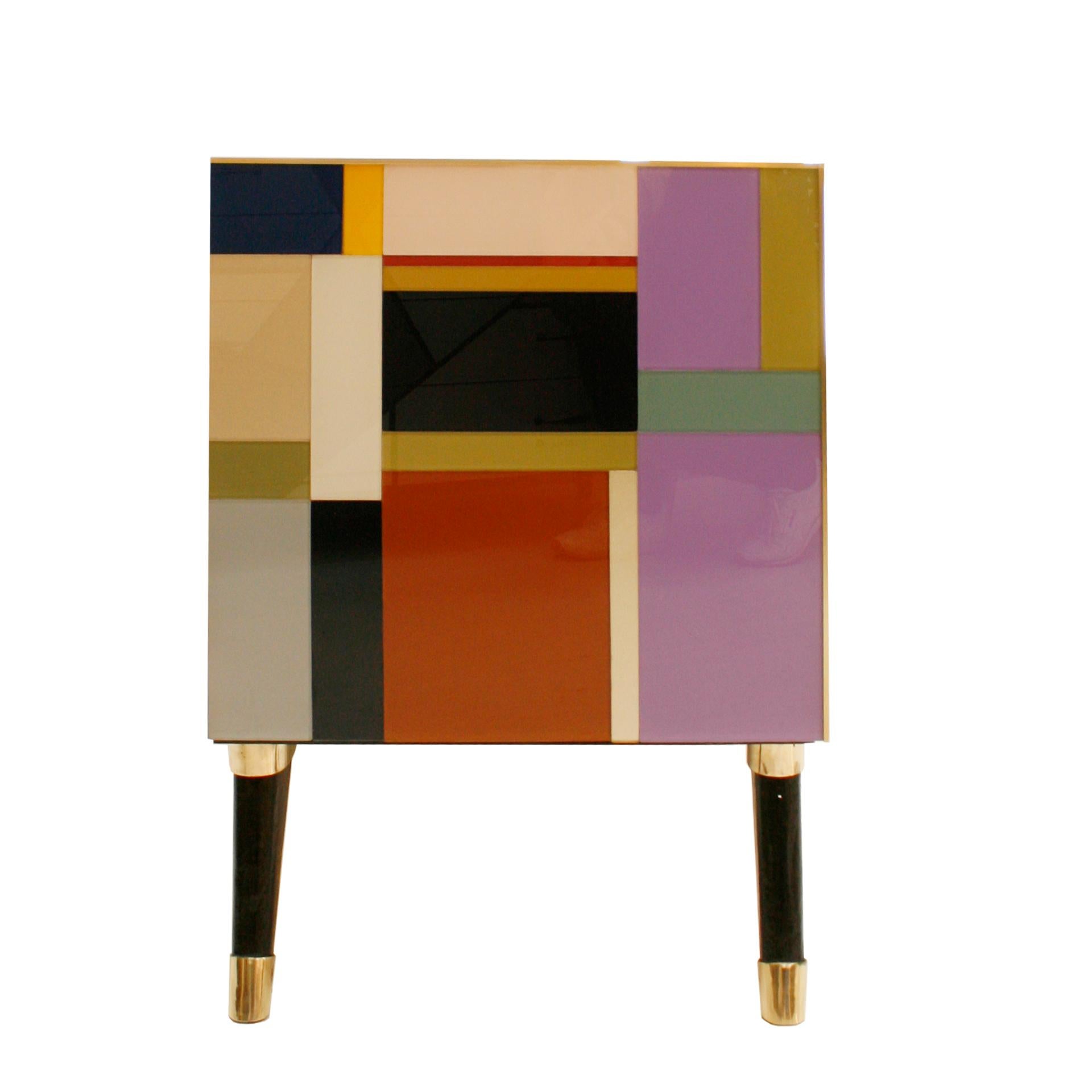 Contemporary Mid-Century Modern Style Murano Glass and Brass Italian Sideboard  For Sale