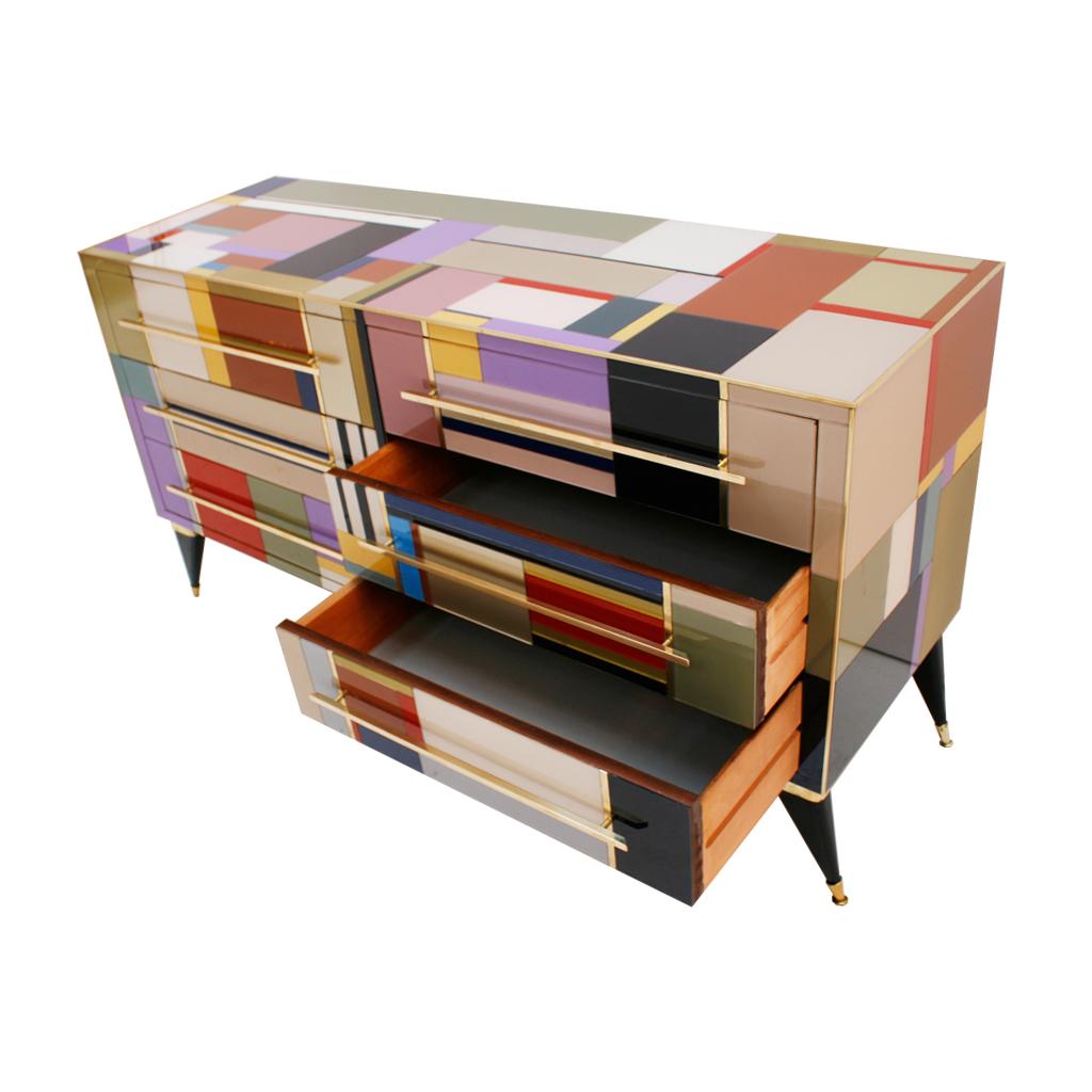Mid-Century Modern Style Murano Glass and Brass Italian Sideboard by L.A. Studio For Sale 1