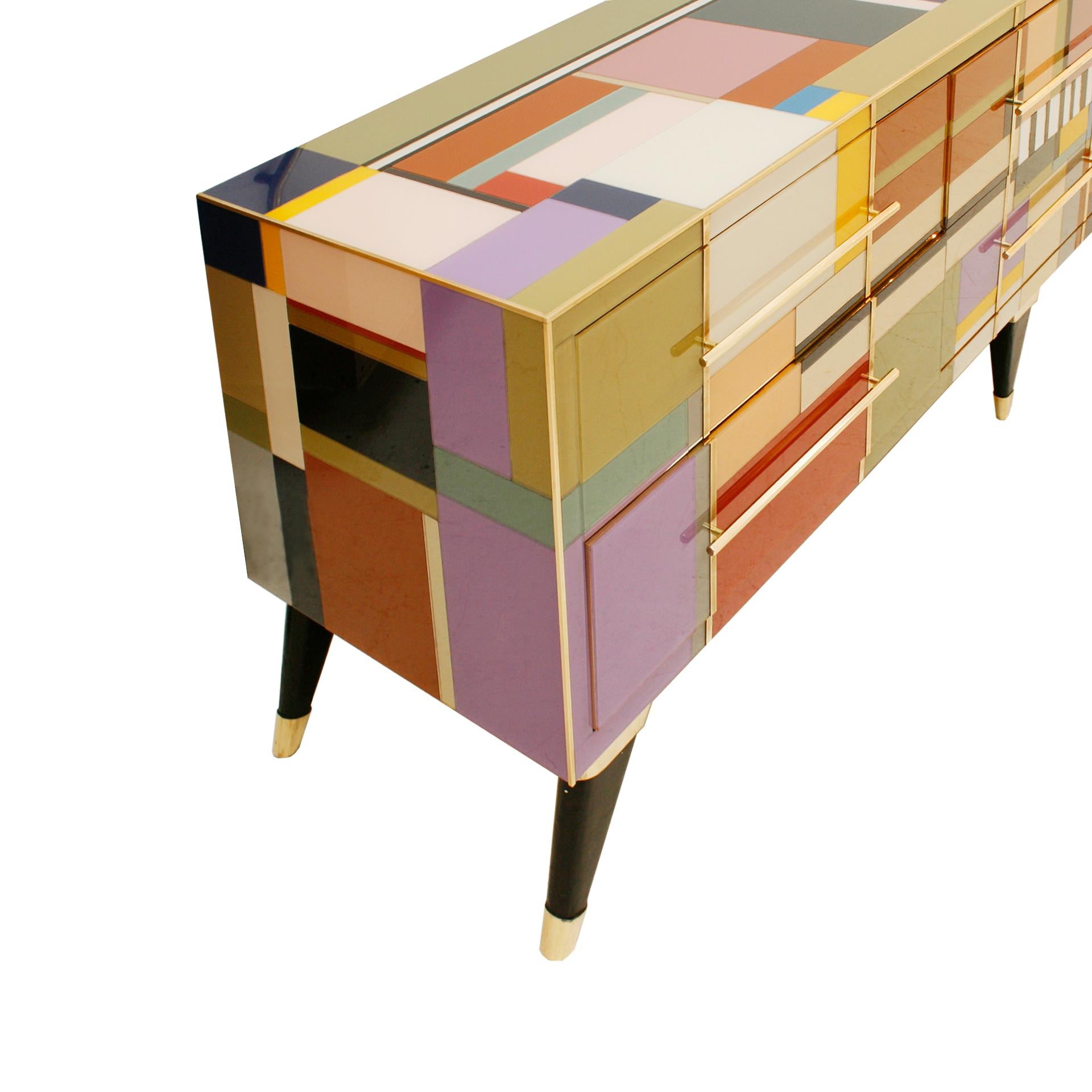 Wood Mid-Century Modern Style Murano Glass and Brass Italian Sideboard by L.A. Studio