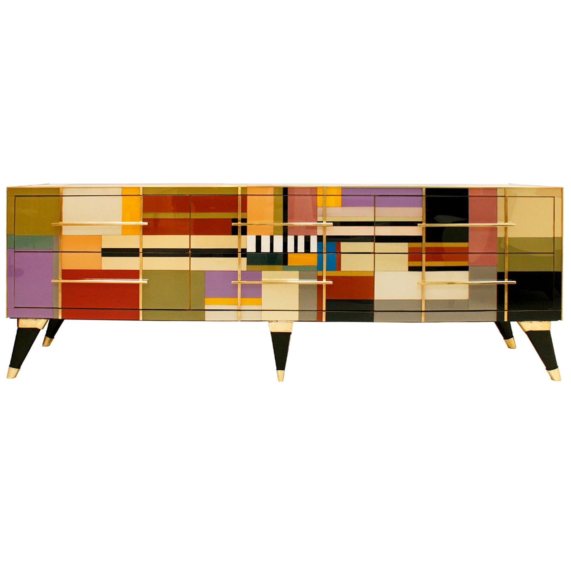 Mid-Century Modern Style Murano Glass and Brass Italian Sideboard by L.A. Studio