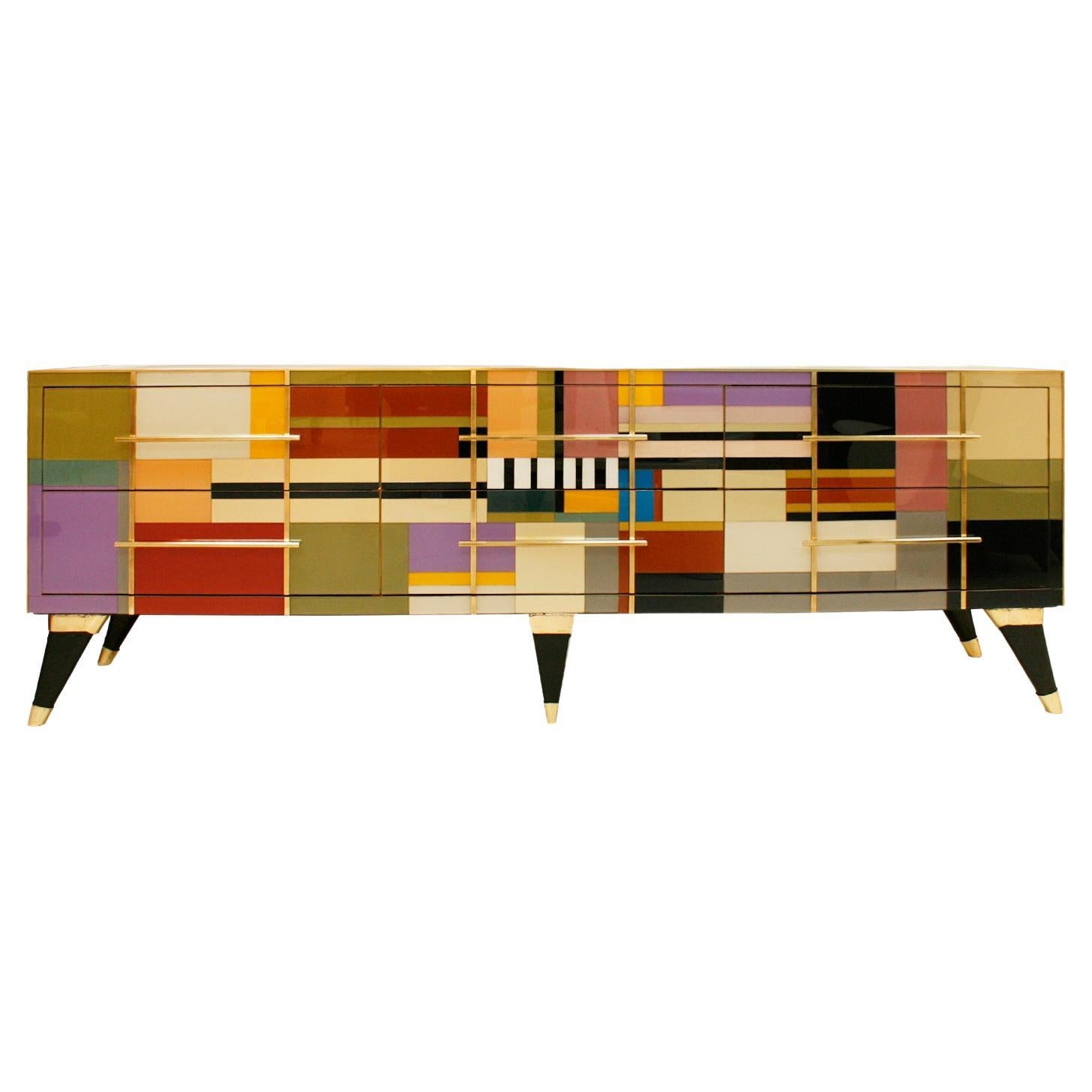 Mid-Century Modern Style Murano Glass and Brass Italian Sideboard  For Sale