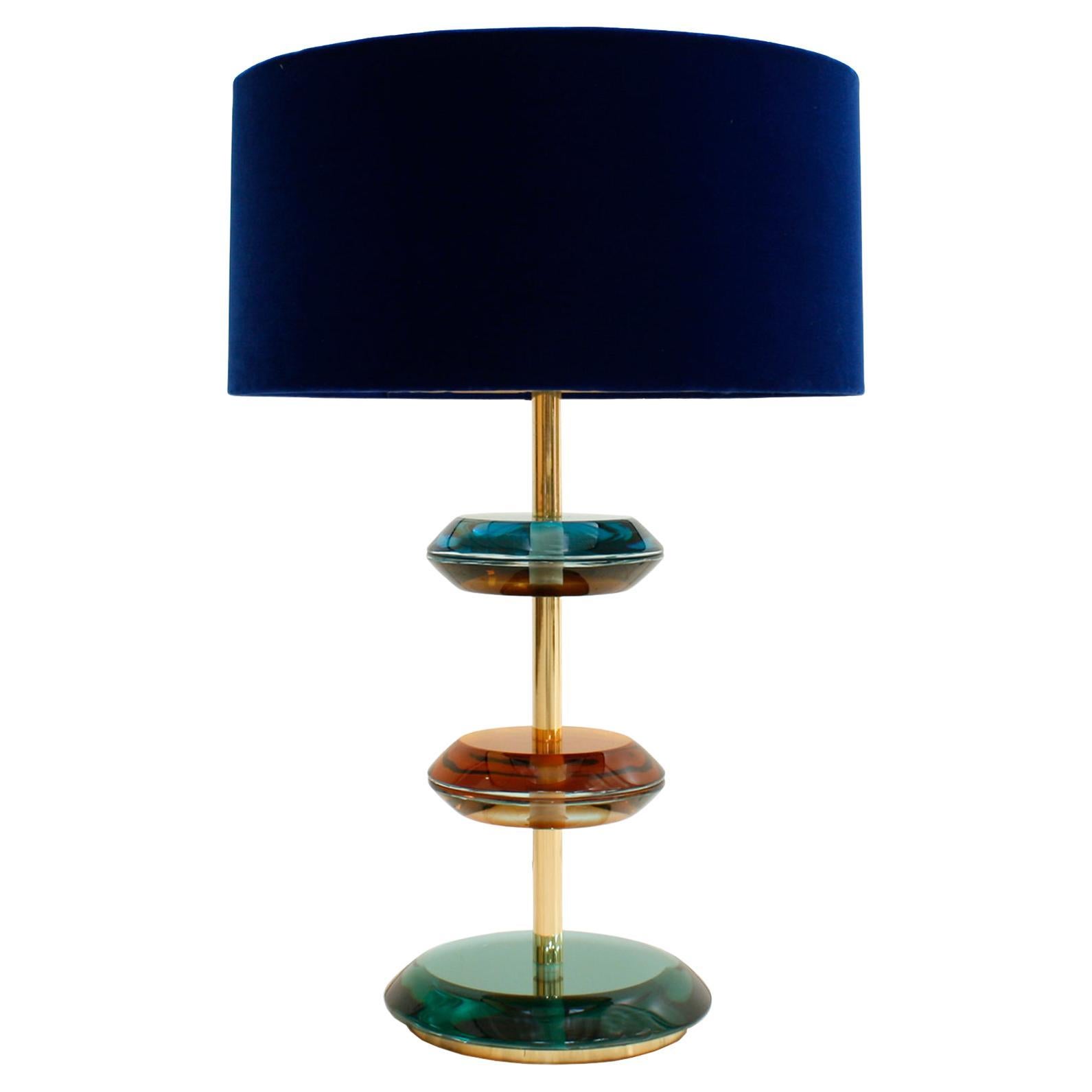 Mid-Century Modern Orange, Blue and Green Murano Glass and Brass Table Lamp For Sale