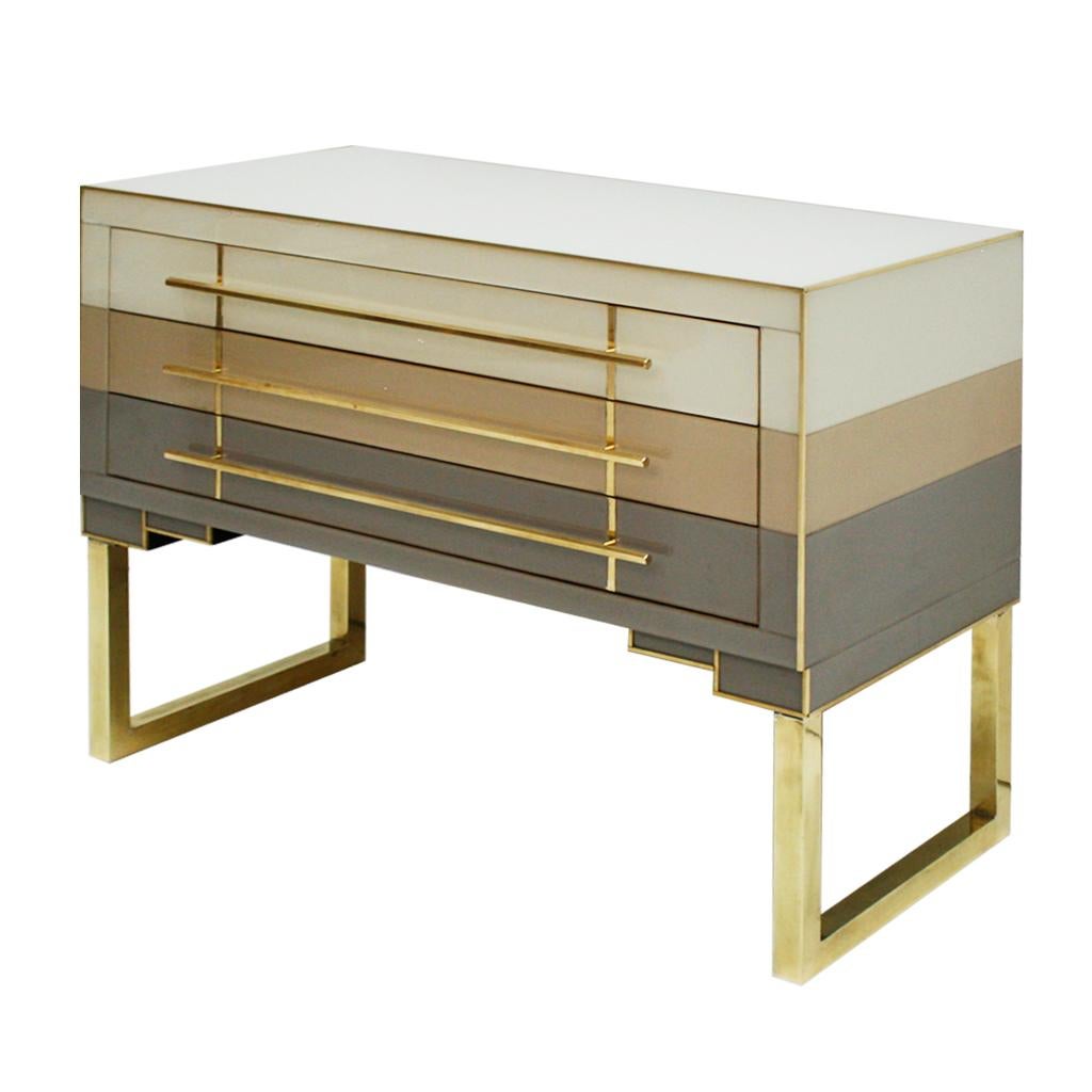 Contemporary Mid-Century Modern Style Murano Glass and Brass Pair of Italian Commodes For Sale