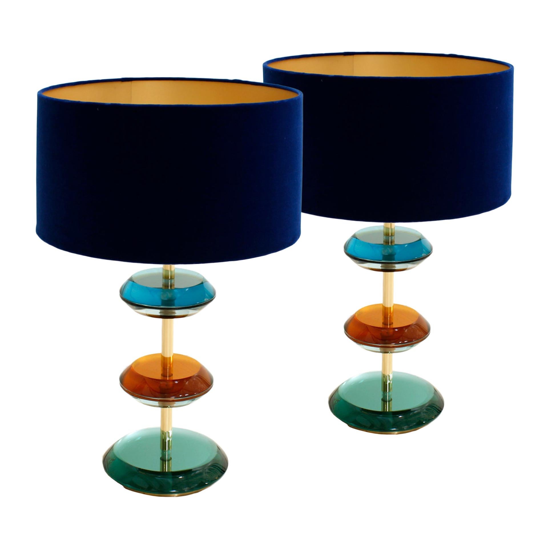 Mid-Century Modern Style Murano Glass and Brass Pair of Italian Table Lamps