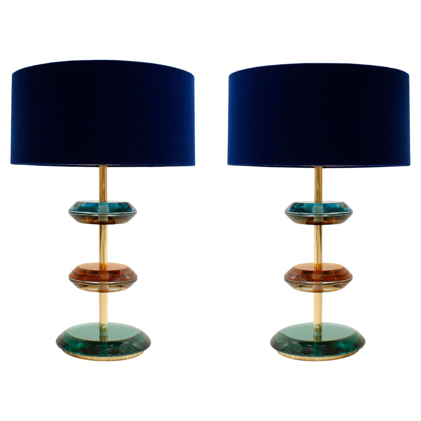 Mid-Century Modern Style Murano Glass and Brass Pair of Italian Table Lamps